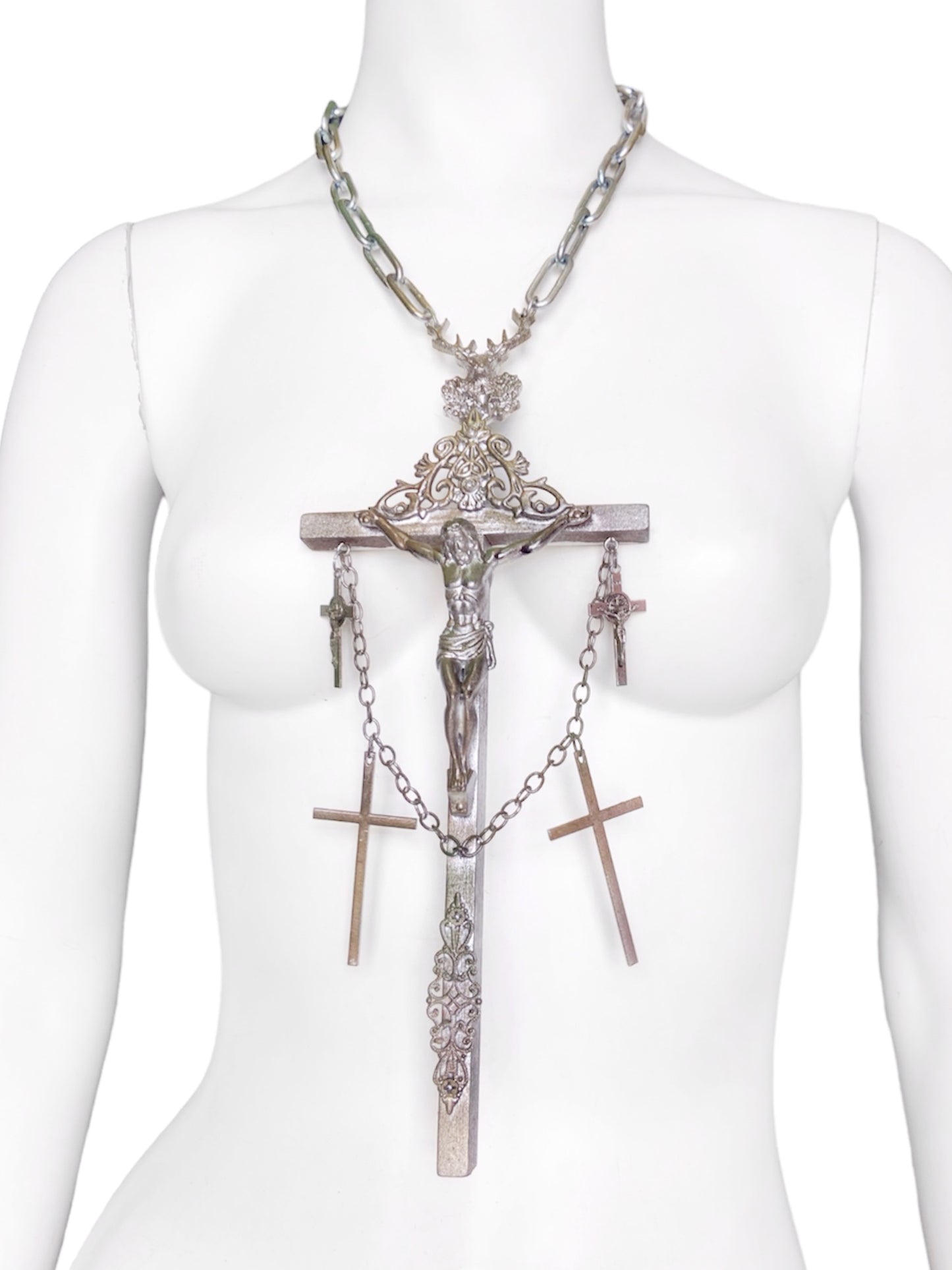 Jean Paul Gaultier 90S Sample 1/1 XXL Silver 5 Crucifix Cross Deer Chain Necklace