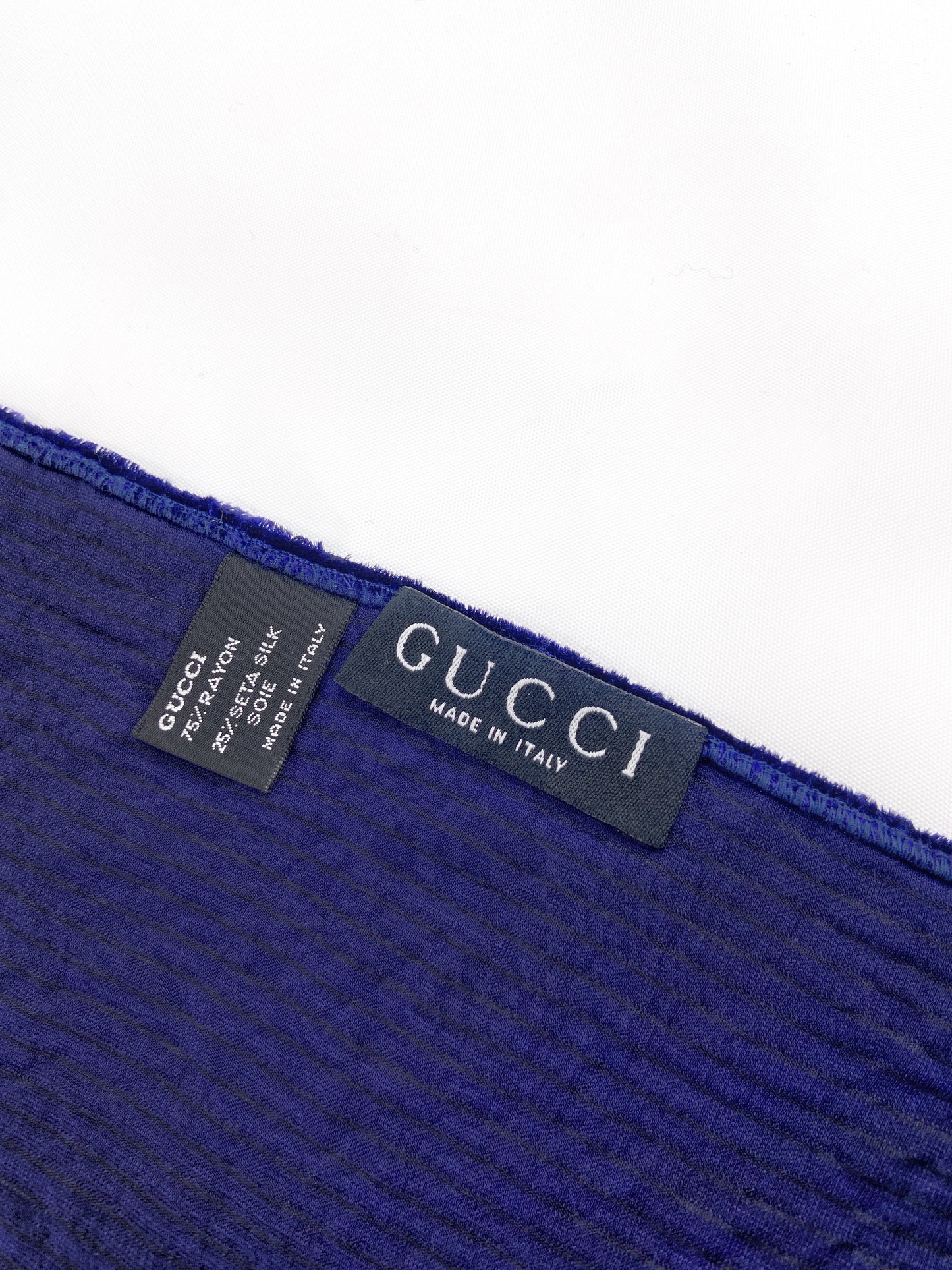 Gucci Fall 1996 Tom Ford Blue Velvet Striped Silk Scarf Neckpiece