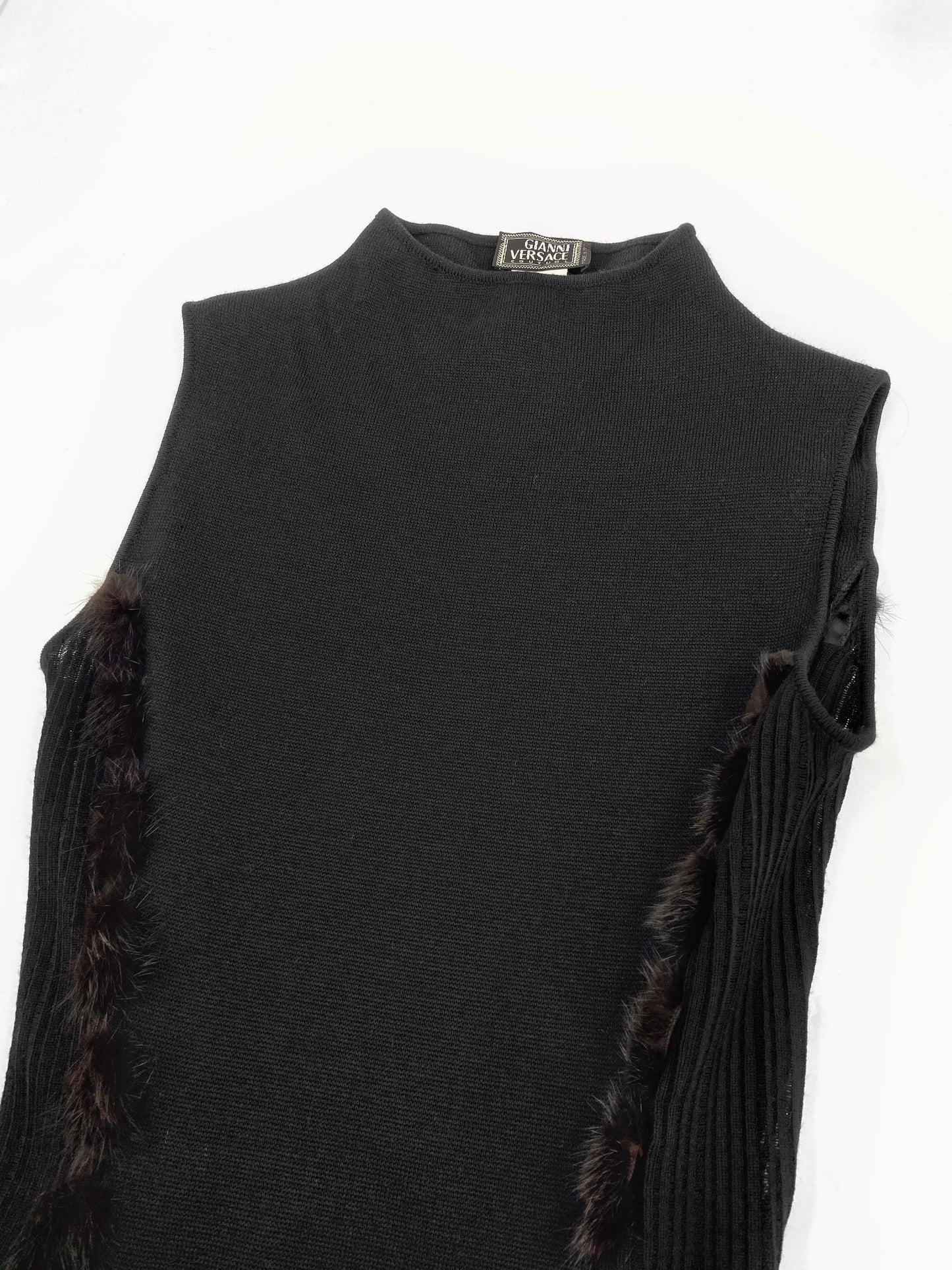 Gianni Versace Fall 1999 Donatella Mink Fur Trim Wool Stretch Dress 38