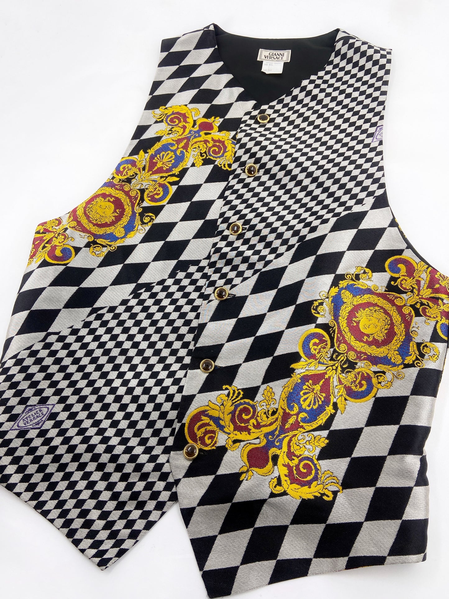 Gianni Versace Men’s Baroque Checkered Silk Waistcoat Vest 46