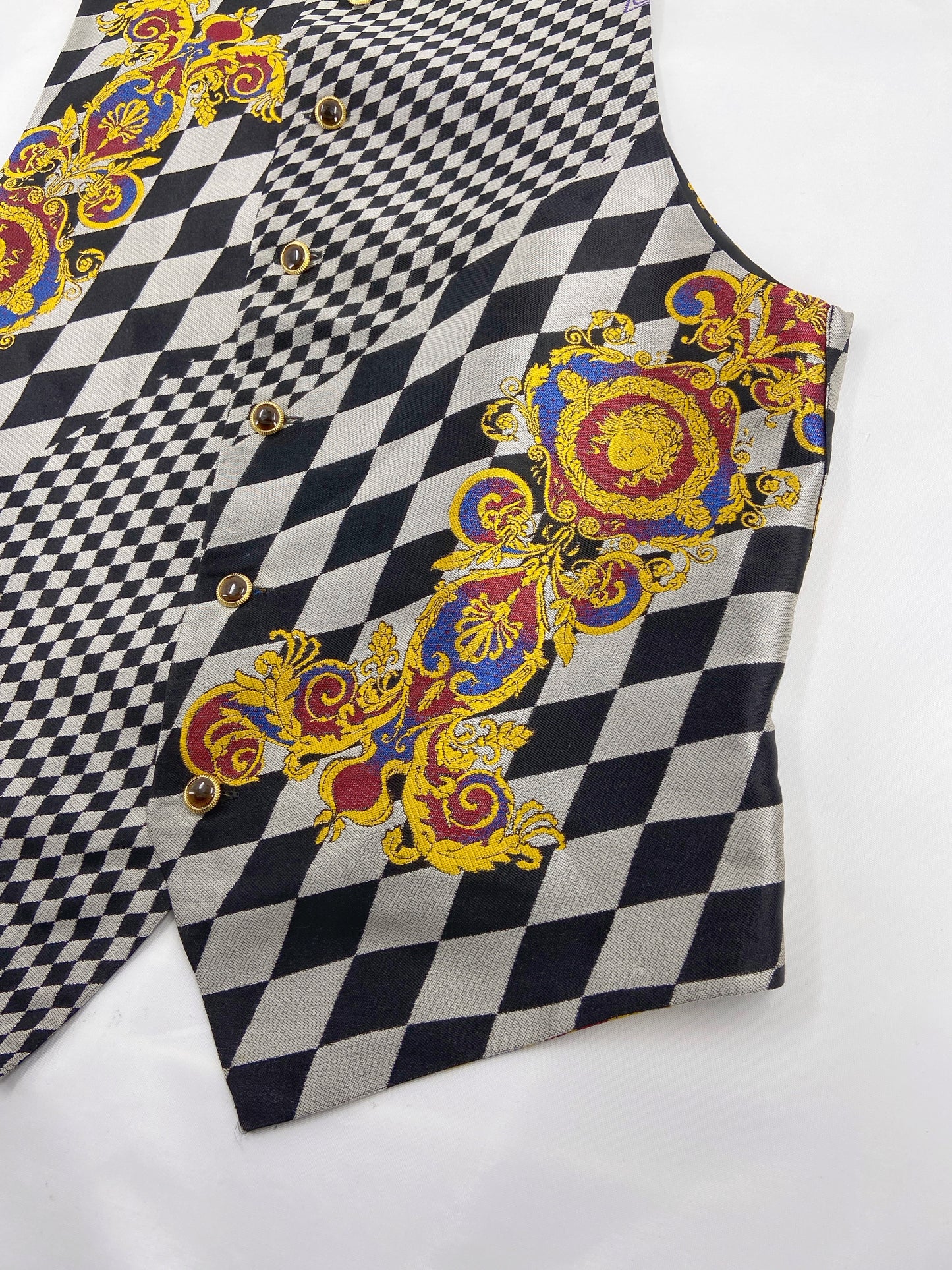 Gianni Versace Men’s Baroque Checkered Silk Waistcoat Vest 46