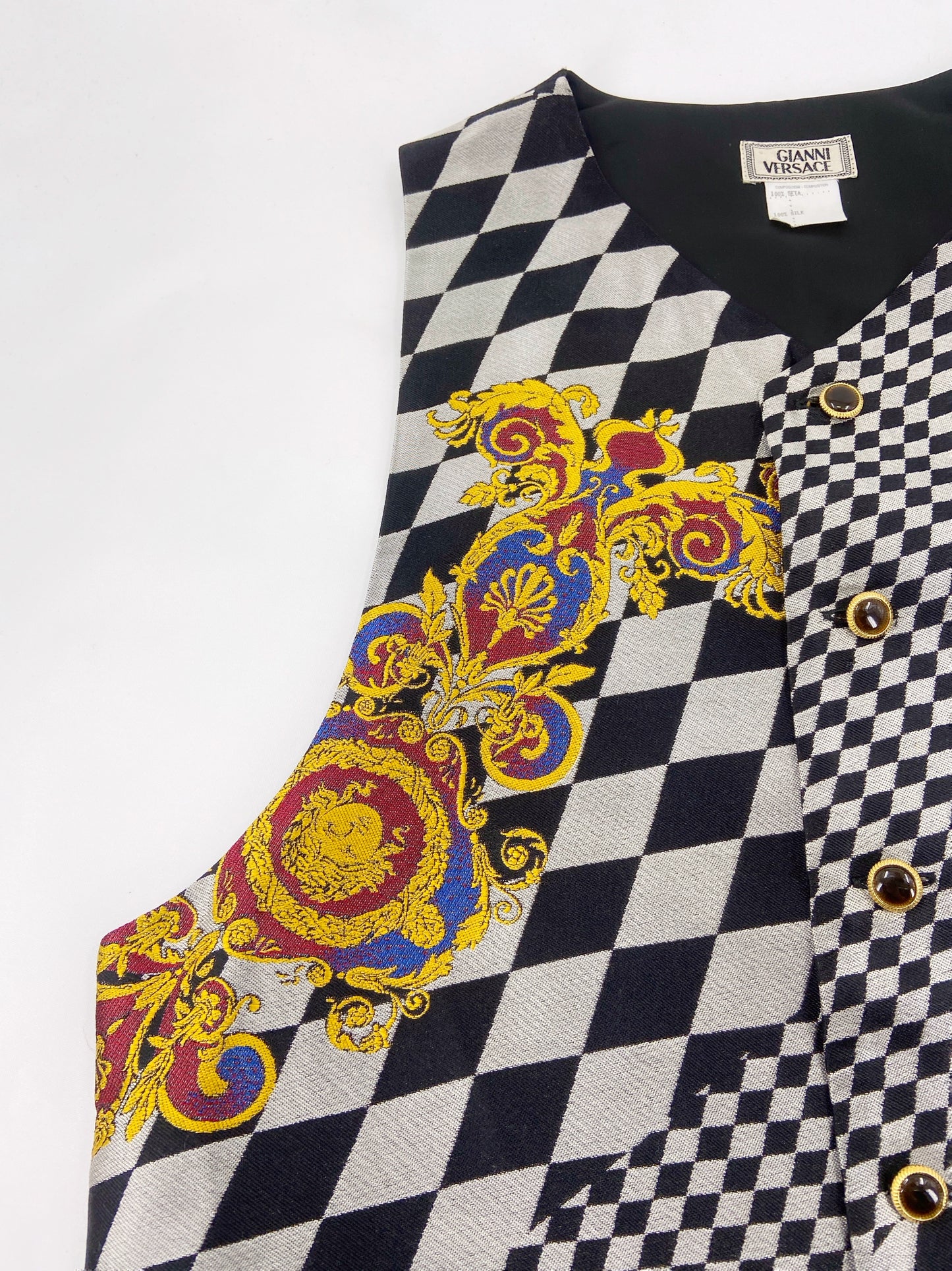 Gianni Versace Men’s Baroque Checkered Silk Waistcoat Vest 46