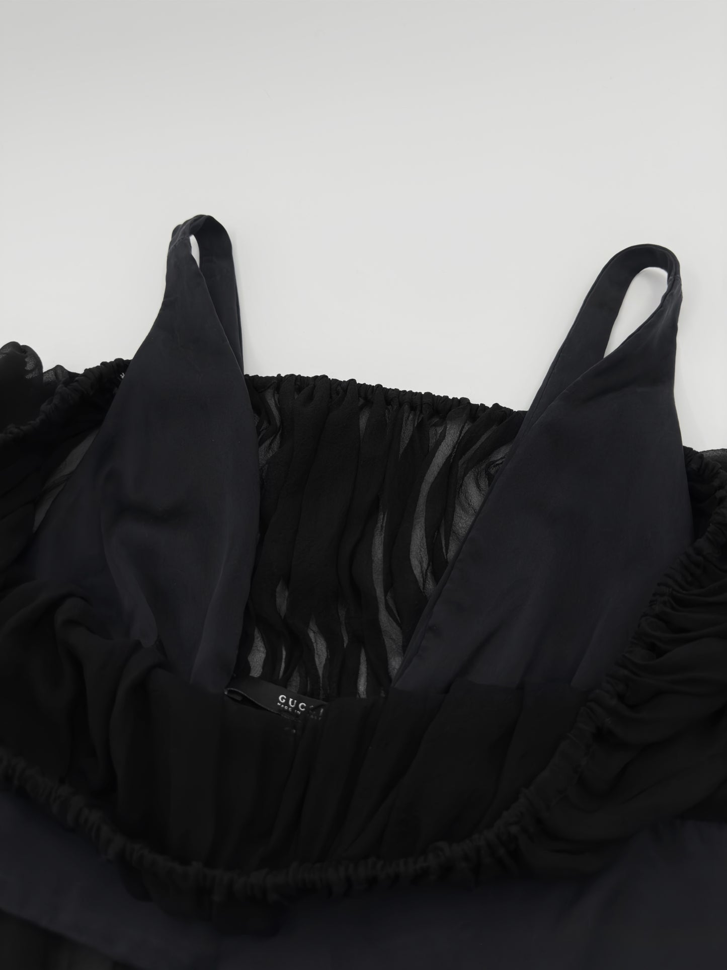 Gucci Fall 2005 Black Drop Shoulder Ruched Sheer Pure Silk Satin Top 40