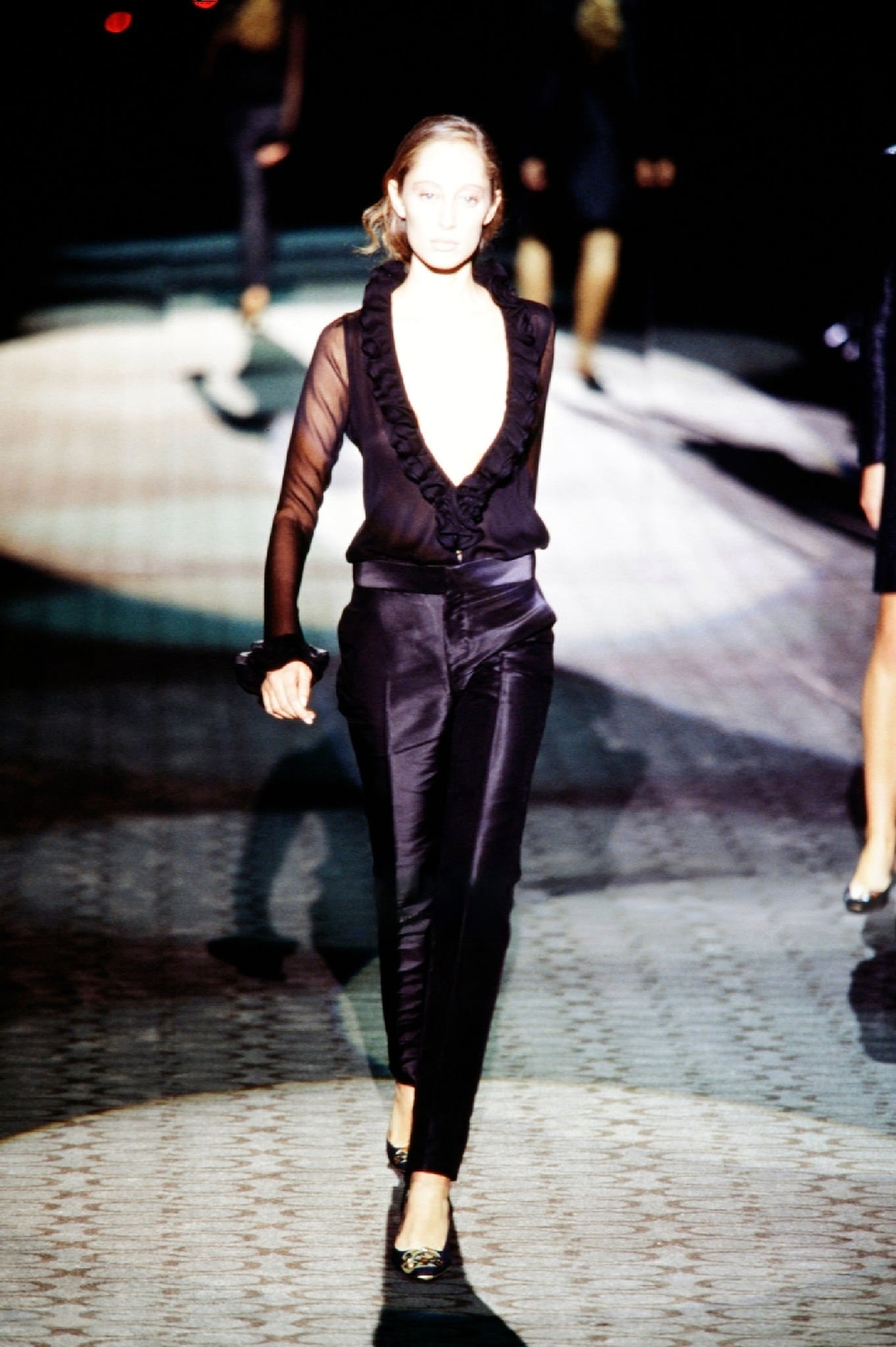 Gucci Fall 2000 Tom Ford Runway Black Ruffled Plunge Silk Blouse