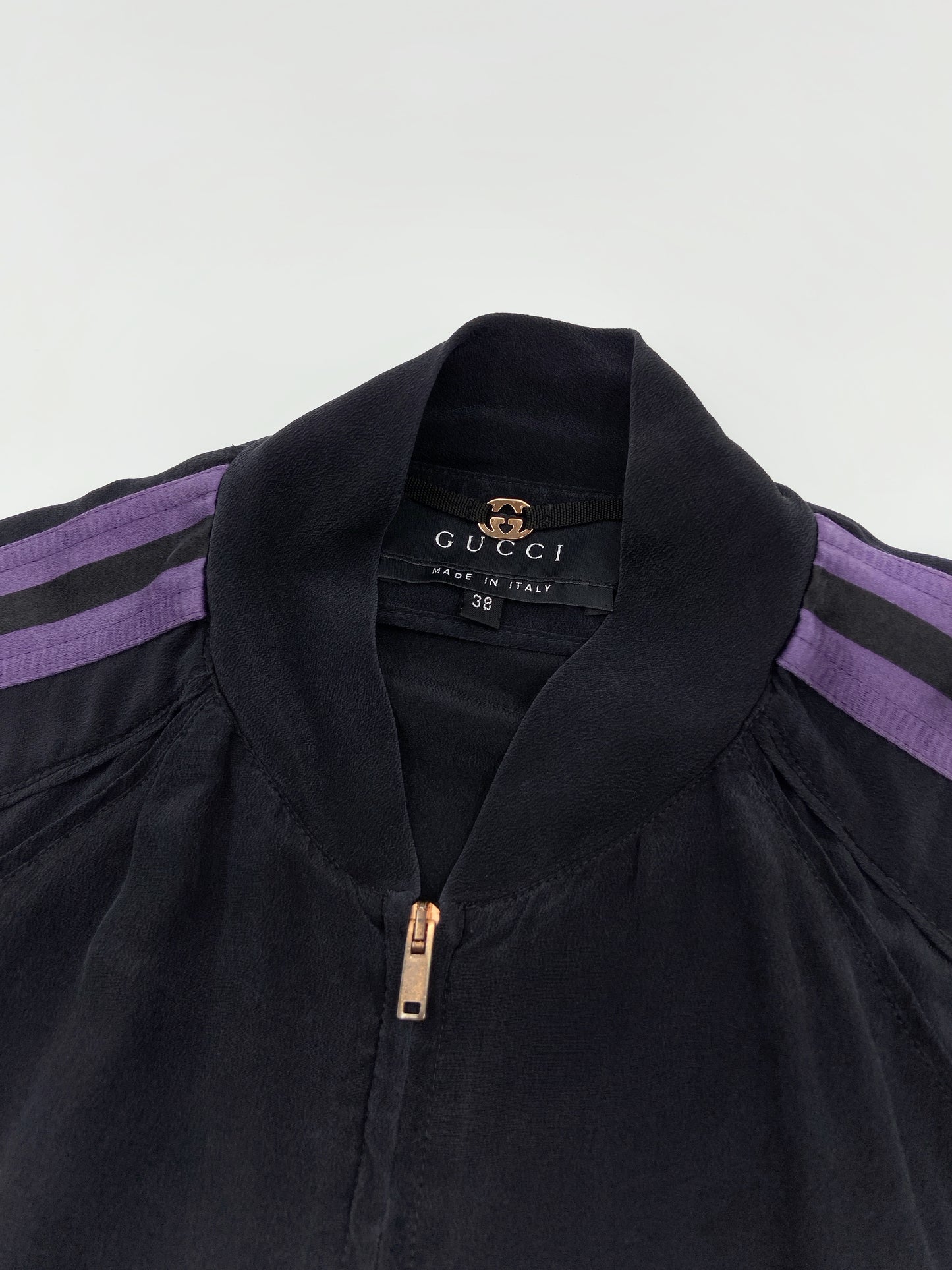 Gucci Spring 2004 Tom Ford Black Webbing Striped Crepe de Chine Silk Bomber Jacket pants tracksuit 38