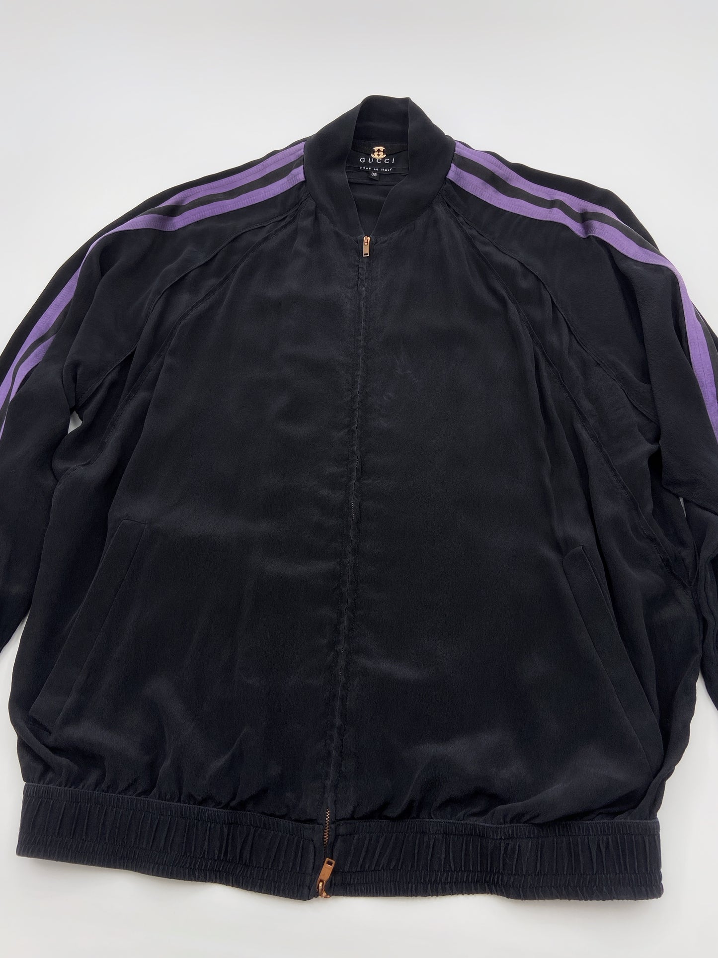 Gucci Spring 2004 Tom Ford Black Webbing Striped Crepe de Chine Silk Bomber Jacket pants tracksuit 38