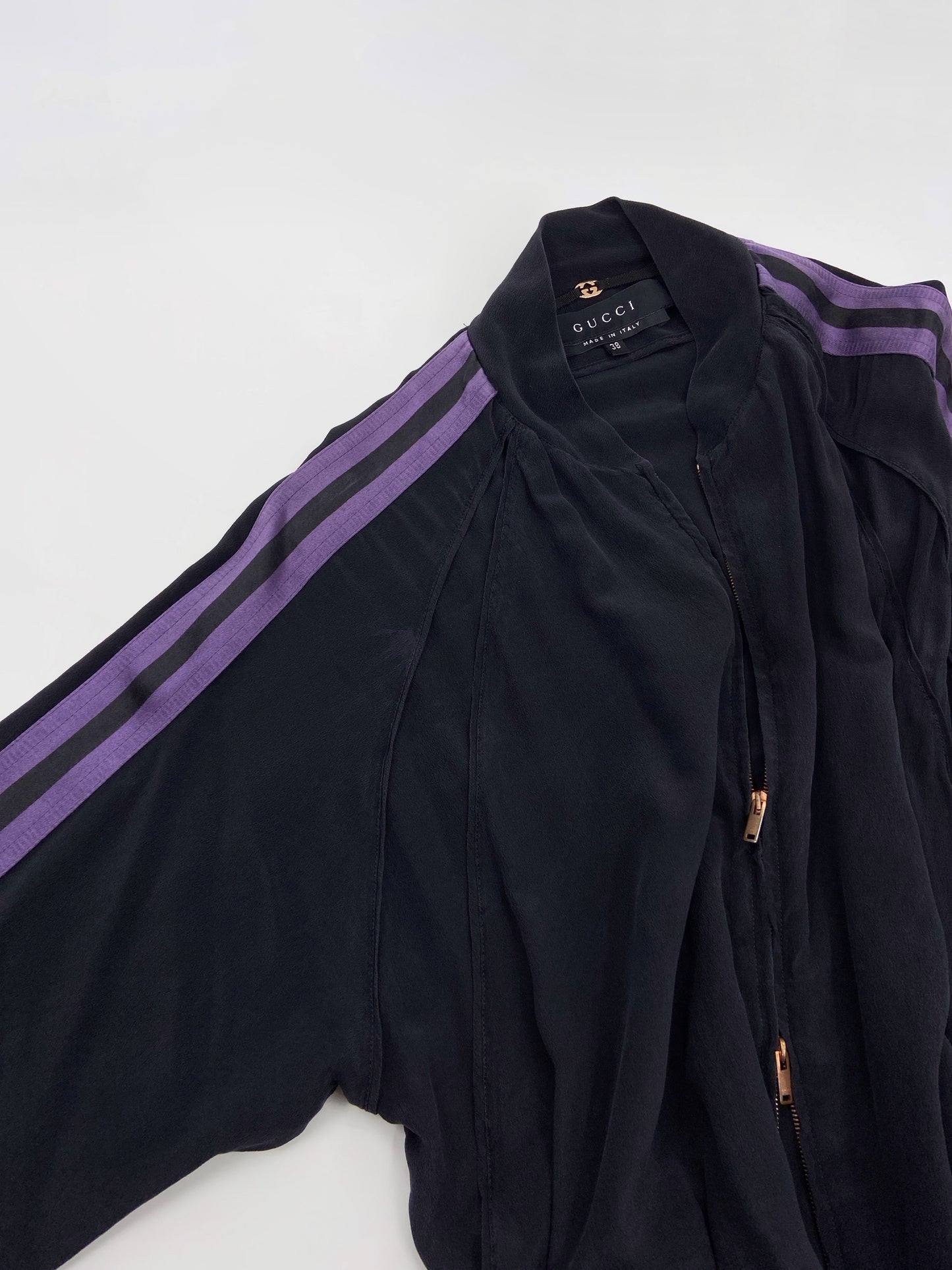 Gucci Spring 2004 Tom Ford Black Webbing Striped Crepe de Chine Silk Bomber Jacket pants tracksuit 38