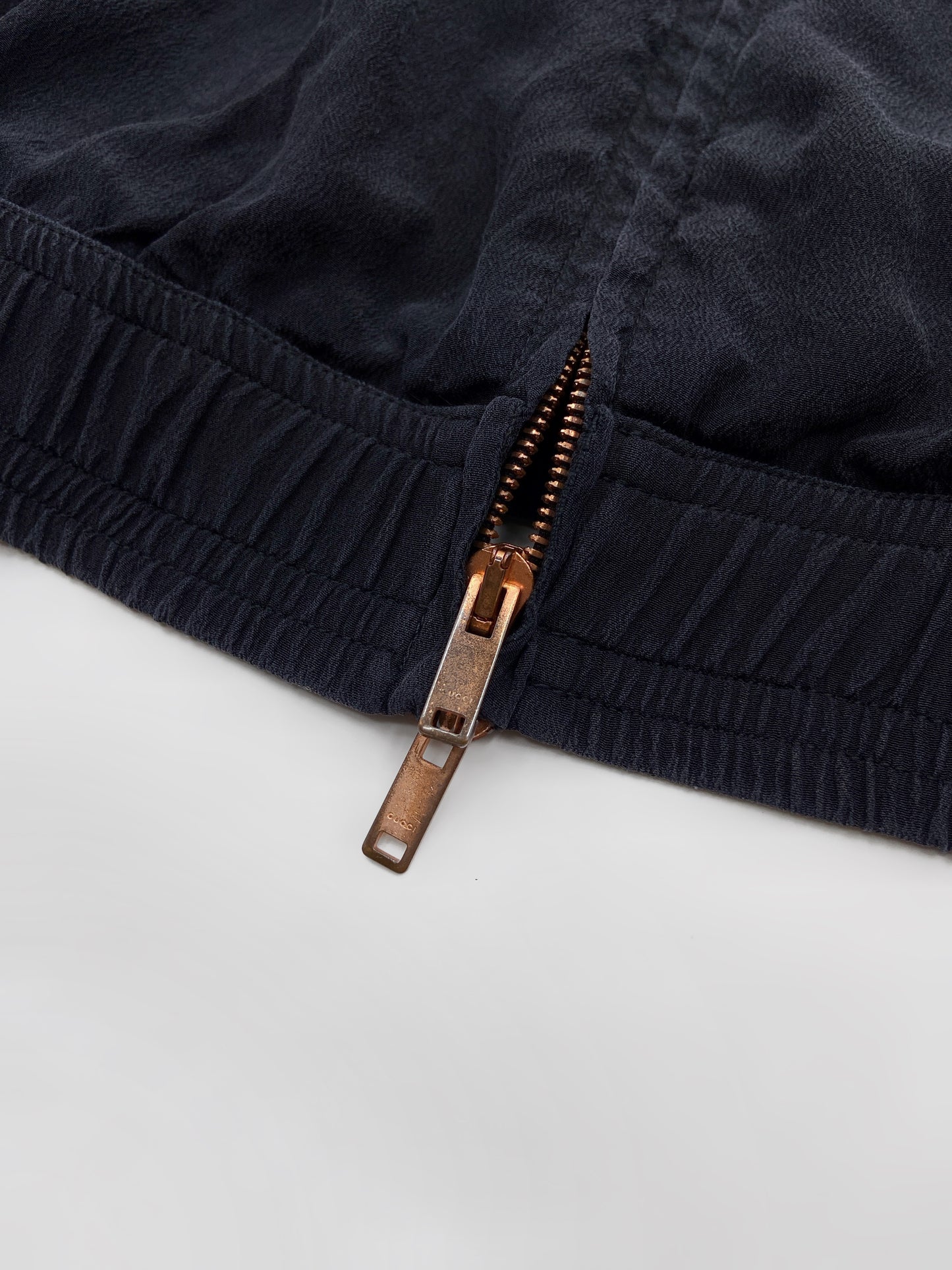 Gucci Spring 2004 Tom Ford Black Webbing Striped Crepe de Chine Silk Bomber Jacket pants tracksuit 38