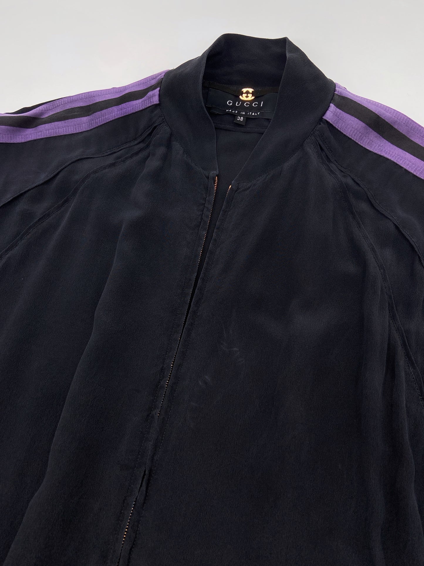 Gucci Spring 2004 Tom Ford Black Webbing Striped Crepe de Chine Silk Bomber Jacket pants tracksuit 38
