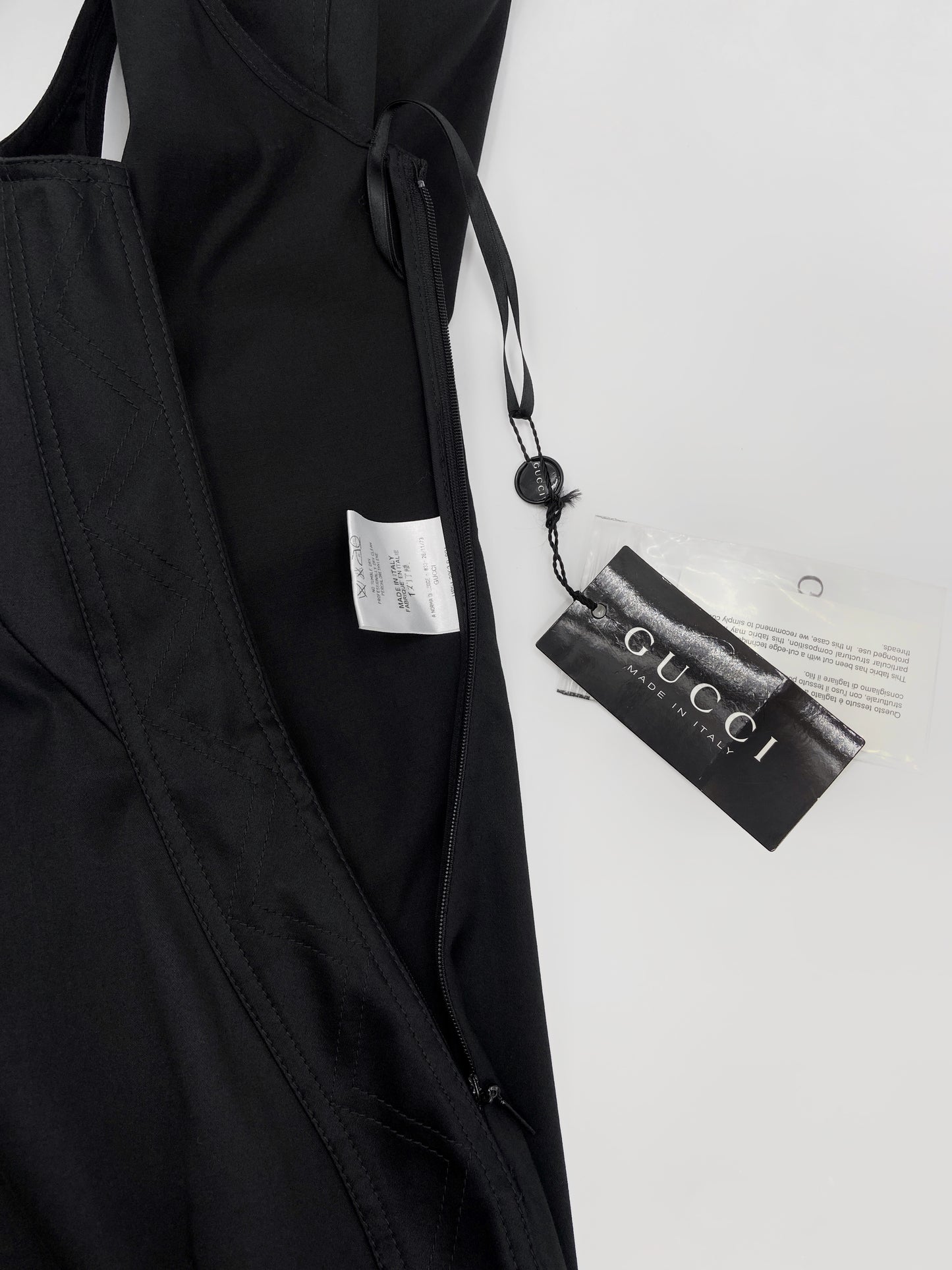 BWNT Gucci Spring 2004 Pleated Appliqué Black Cotton Bodycon Dress 40