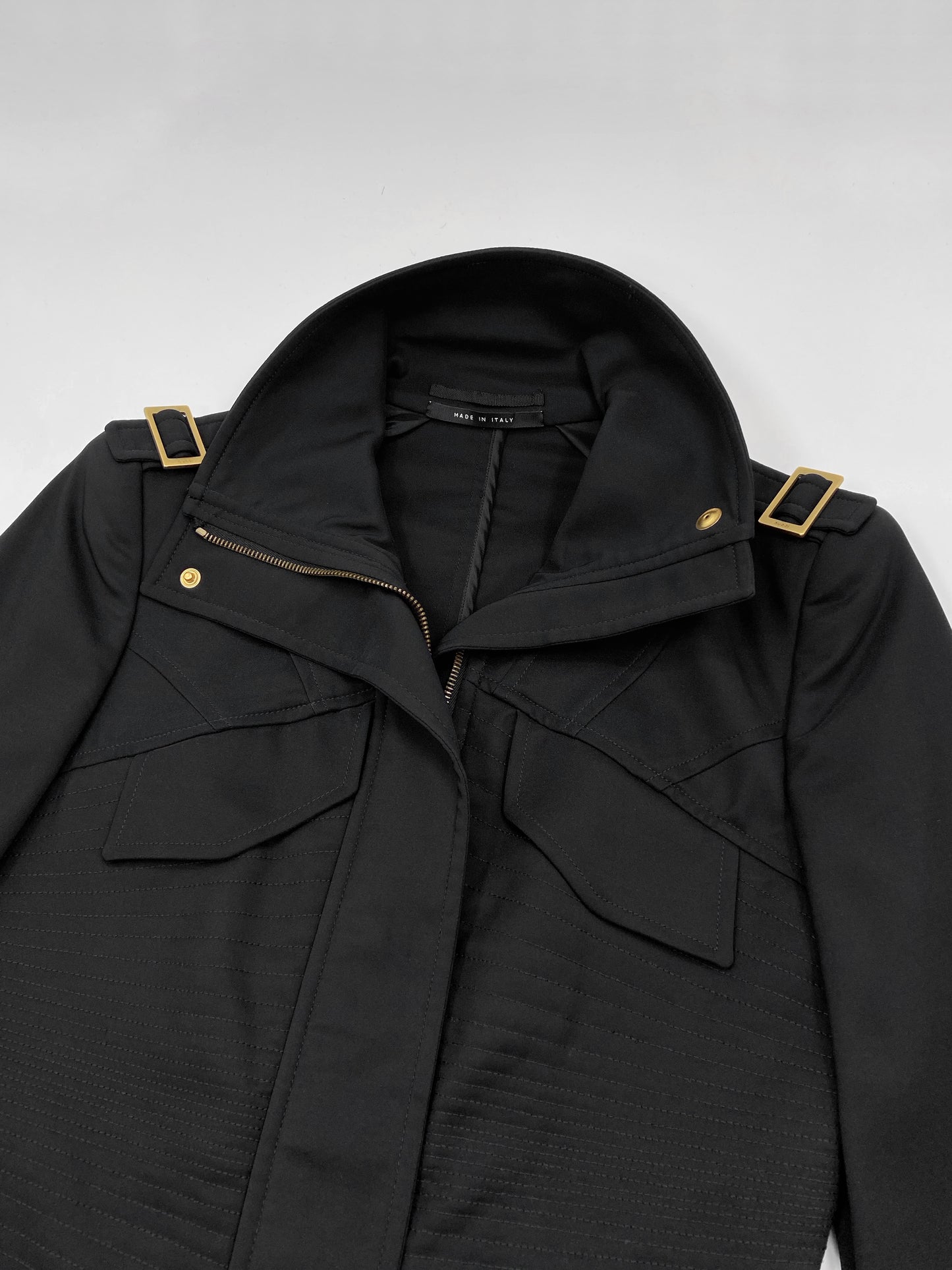 Gucci Fall 2003 Tom Ford Epaulettes Military Jacket Ruched Pencil Skirt Suit Set 38