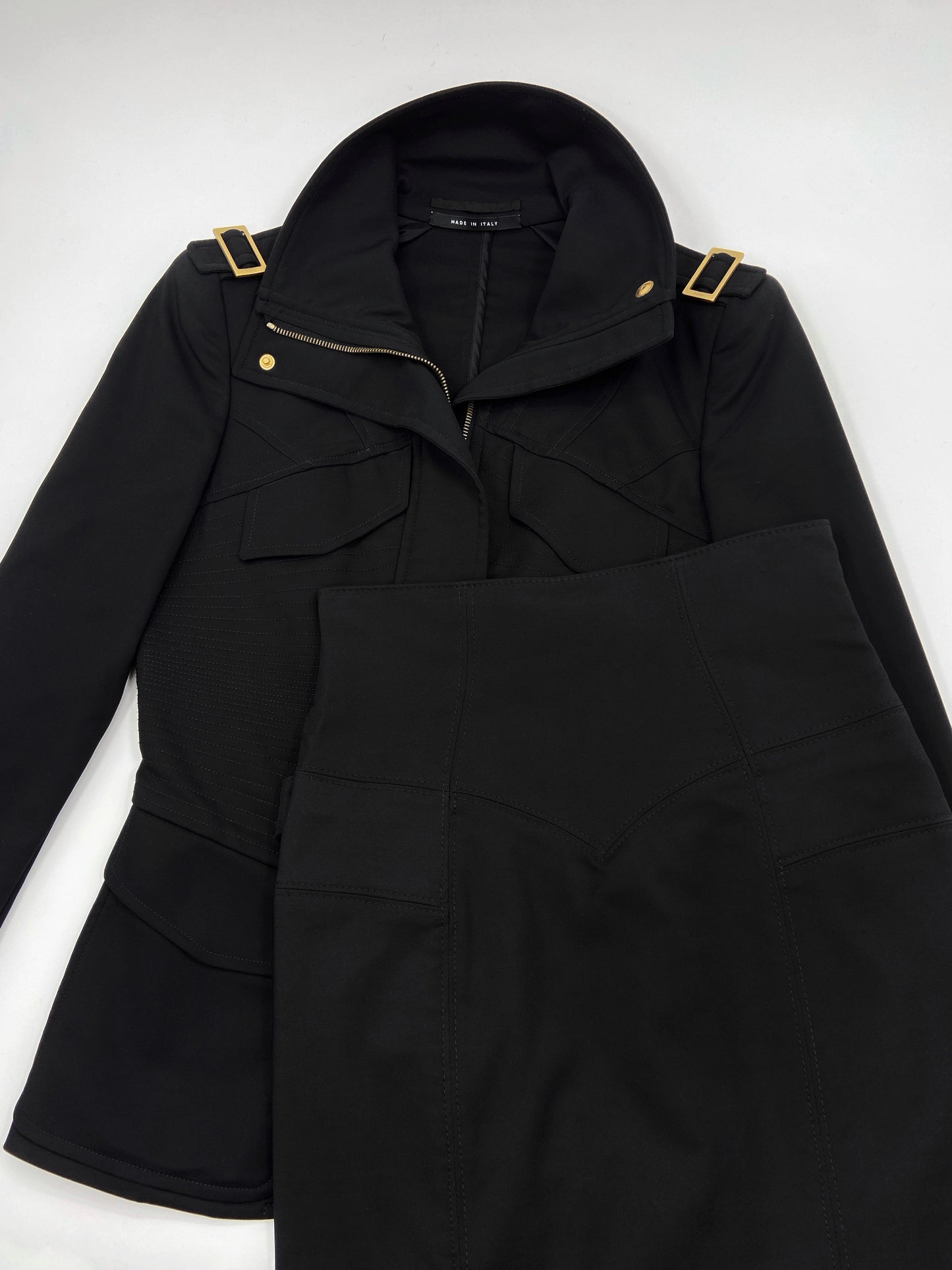 Gucci Fall 2003 Tom Ford Epaulettes Military Jacket Ruched Pencil Skirt Suit Set 38