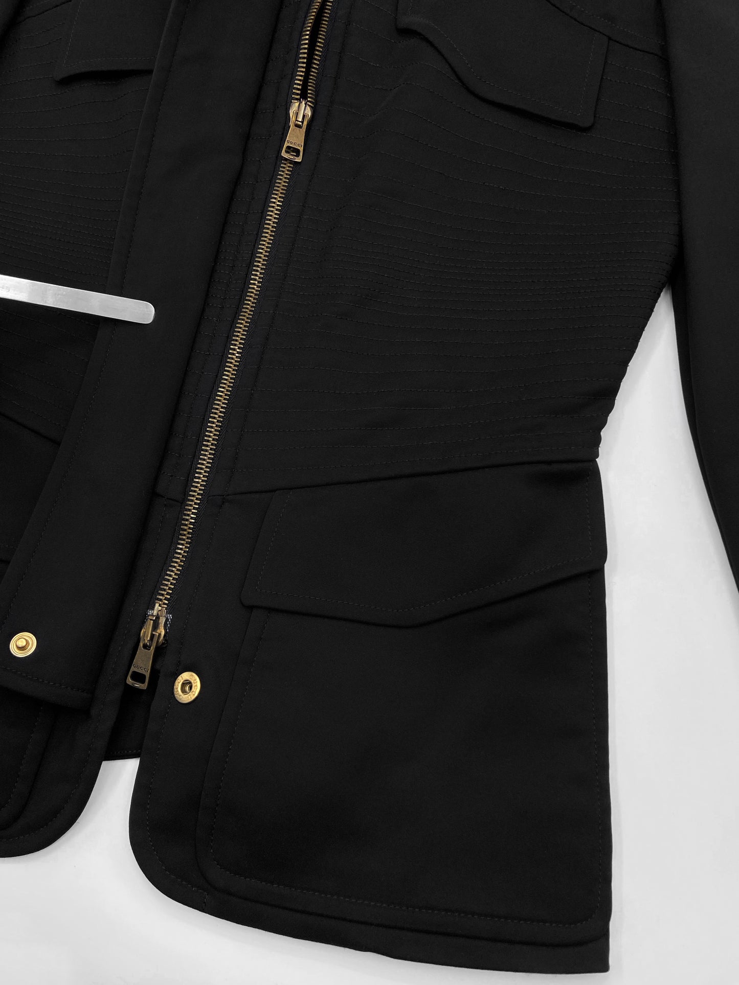 Gucci Fall 2003 Tom Ford Epaulettes Military Jacket Ruched Pencil Skirt Suit Set 38