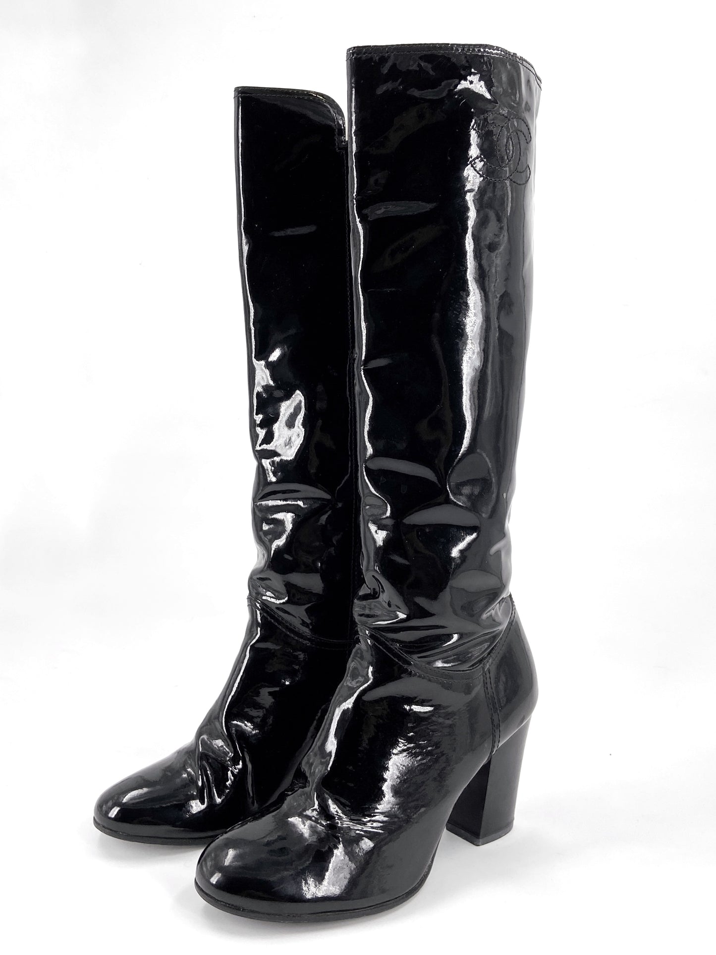Chanel 90s Karl Lagerfeld Logo Fur Lined Patent Leather Long Boot 38.5