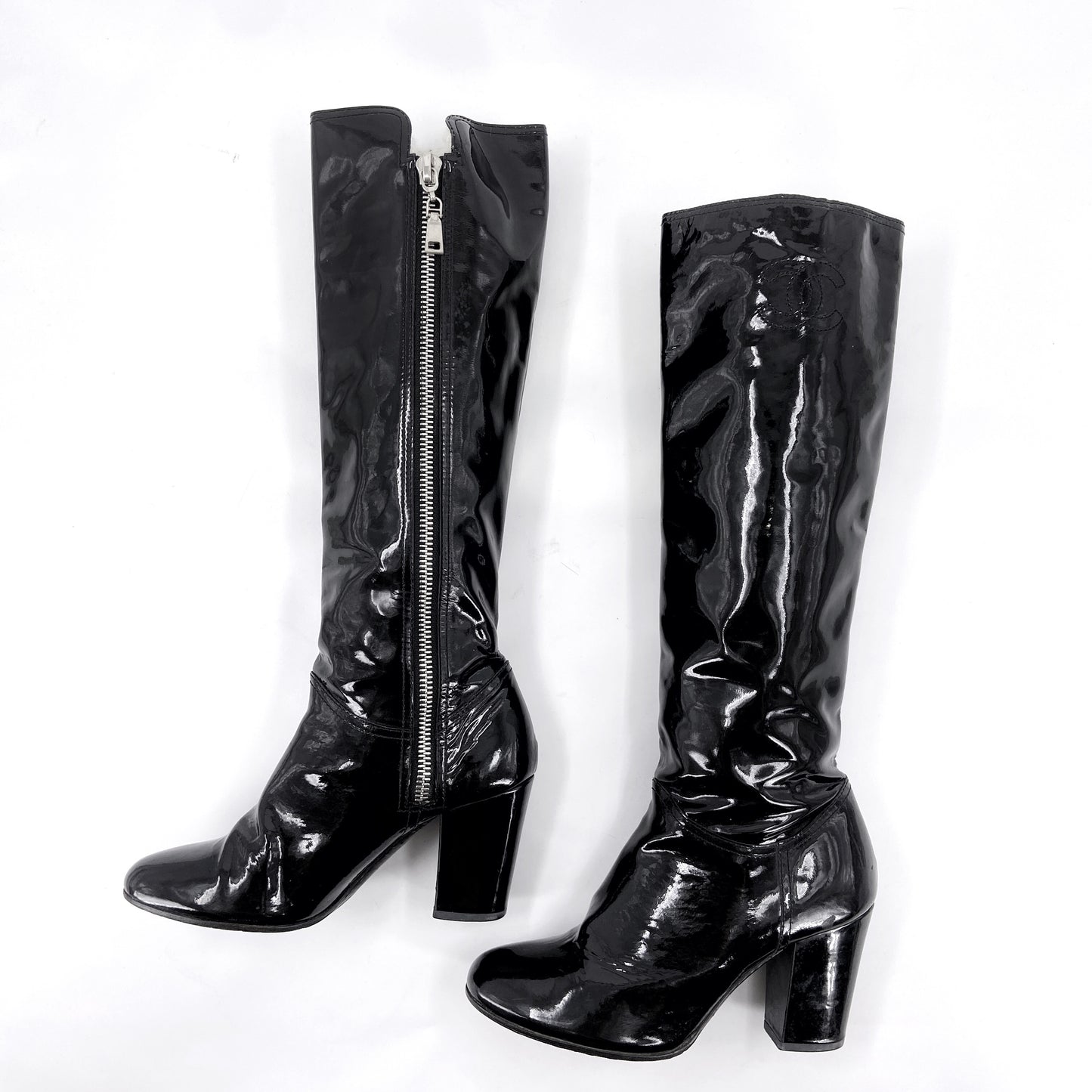 Chanel 90s Karl Lagerfeld Logo Fur Lined Patent Leather Long Boot 38.5