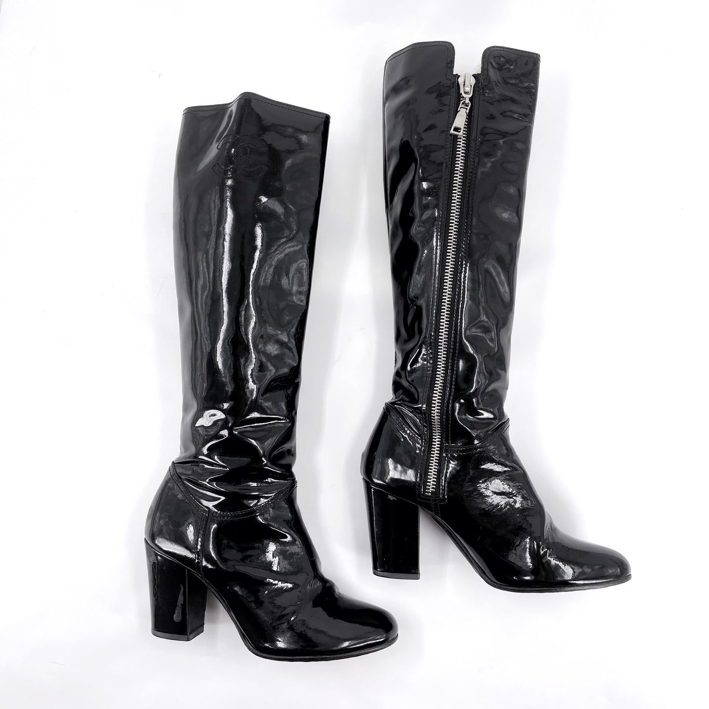 Chanel 90s Karl Lagerfeld Logo Fur Lined Patent Leather Long Boot 38.5