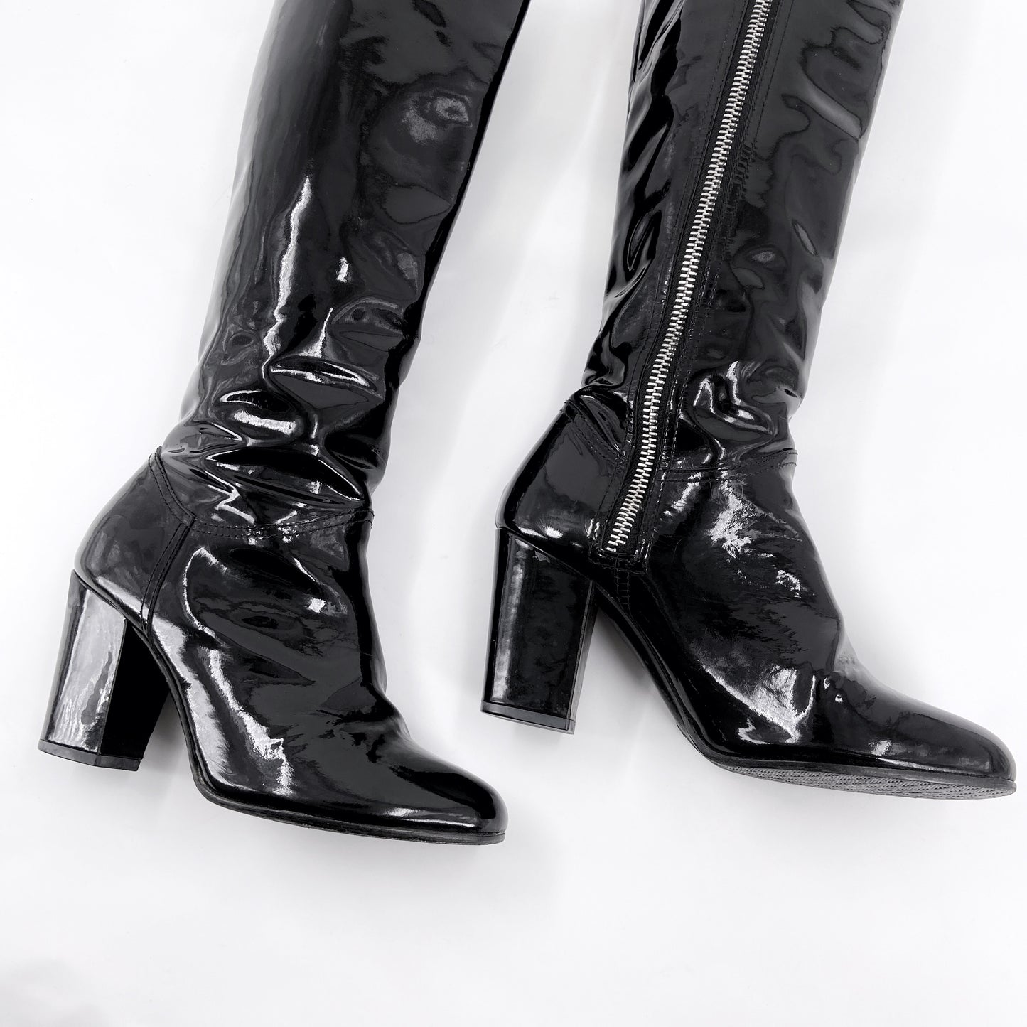 Chanel 90s Karl Lagerfeld Logo Fur Lined Patent Leather Long Boot 38.5