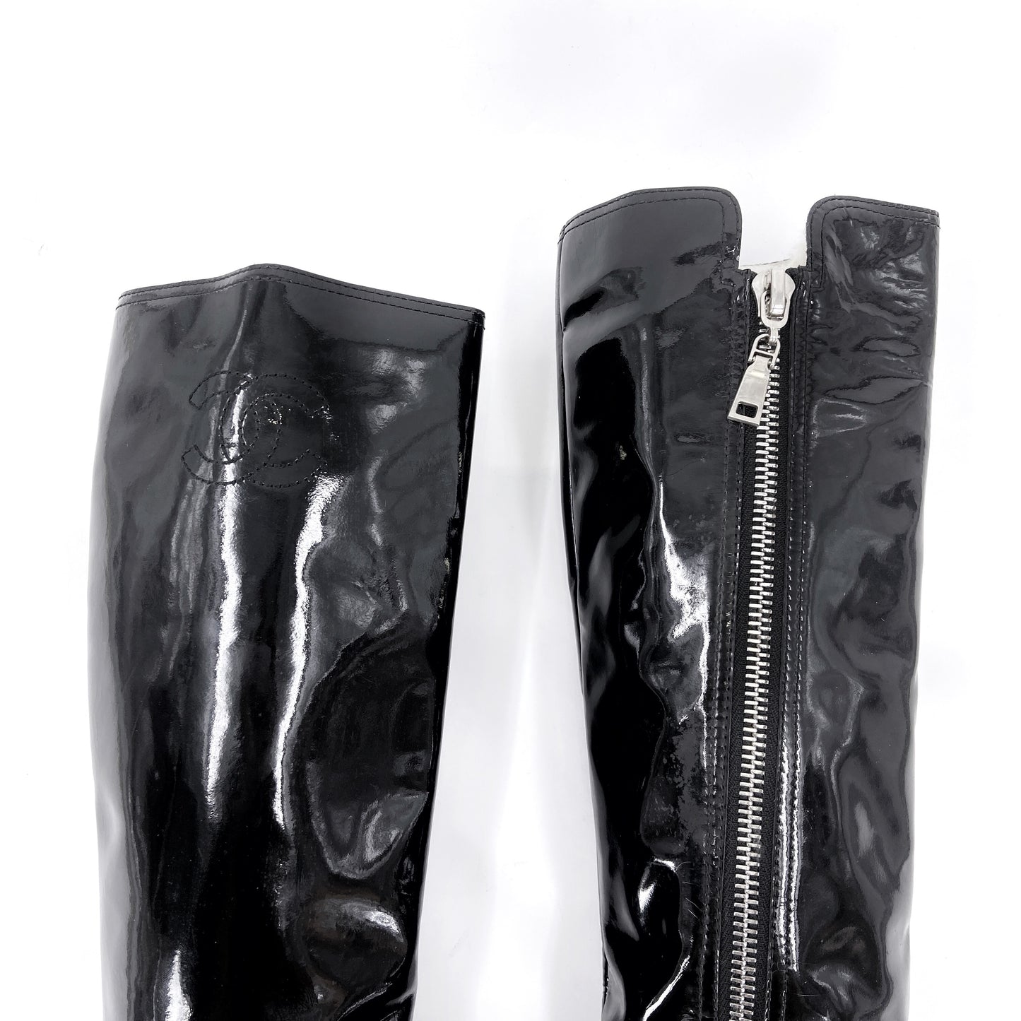 Chanel 90s Karl Lagerfeld Logo Fur Lined Patent Leather Long Boot 38.5
