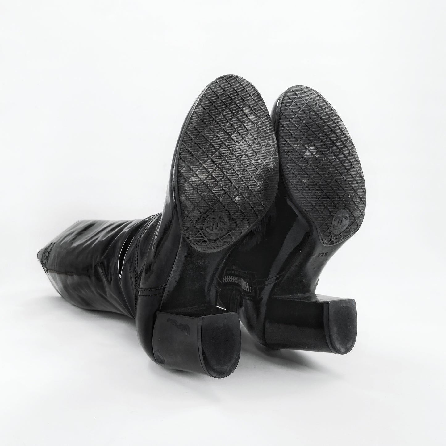 Chanel 90s Karl Lagerfeld Logo Fur Lined Patent Leather Long Boot 38.5