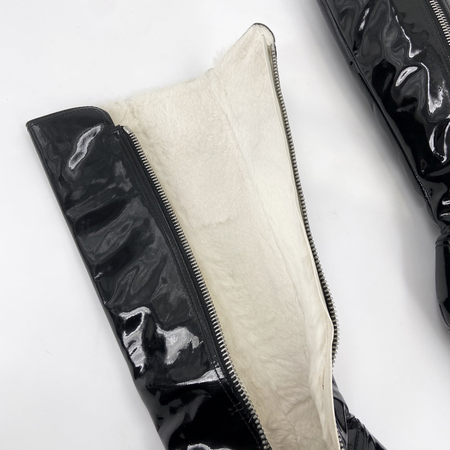 Chanel 90s Karl Lagerfeld Logo Fur Lined Patent Leather Long Boot 38.5