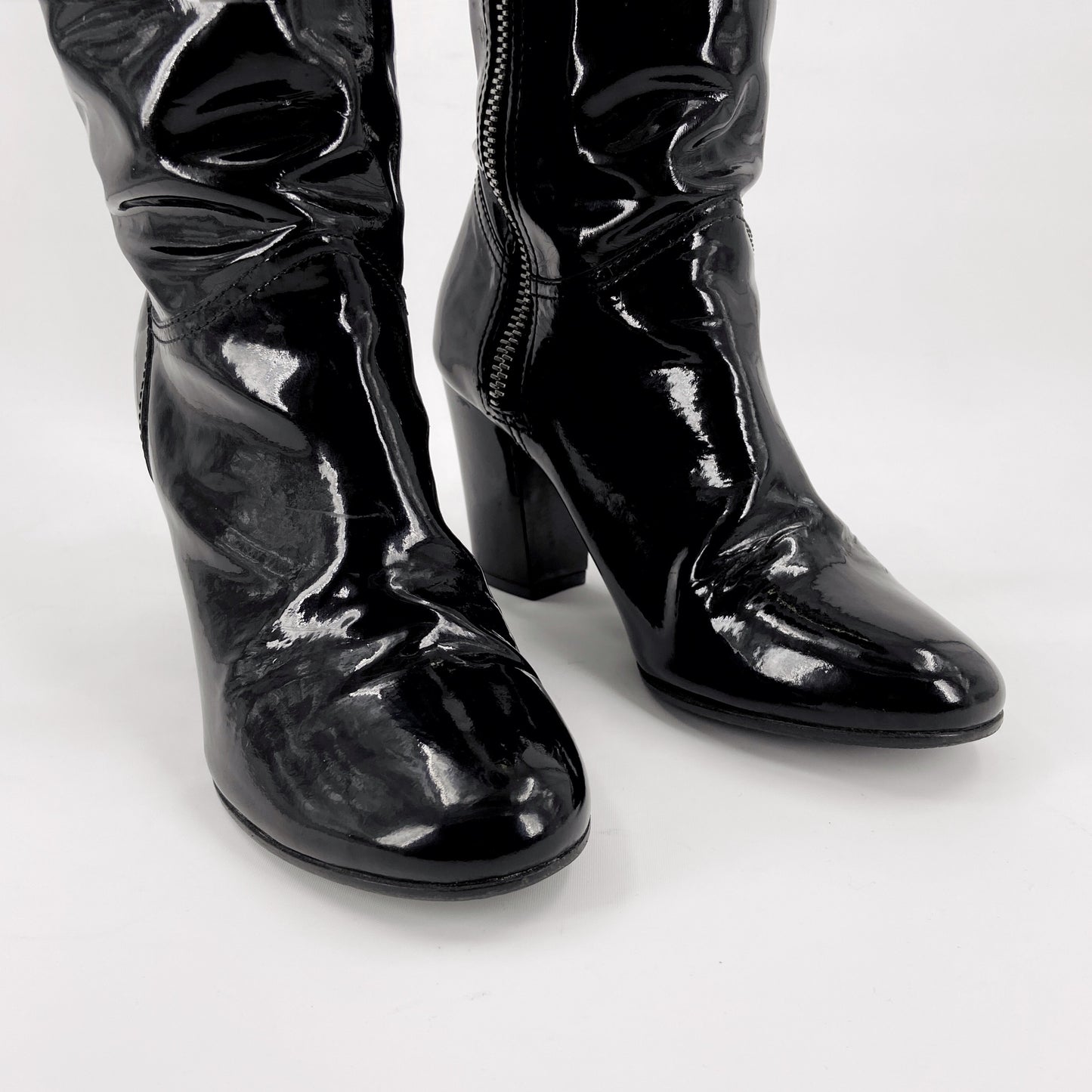 Chanel 90s Karl Lagerfeld Logo Fur Lined Patent Leather Long Boot 38.5