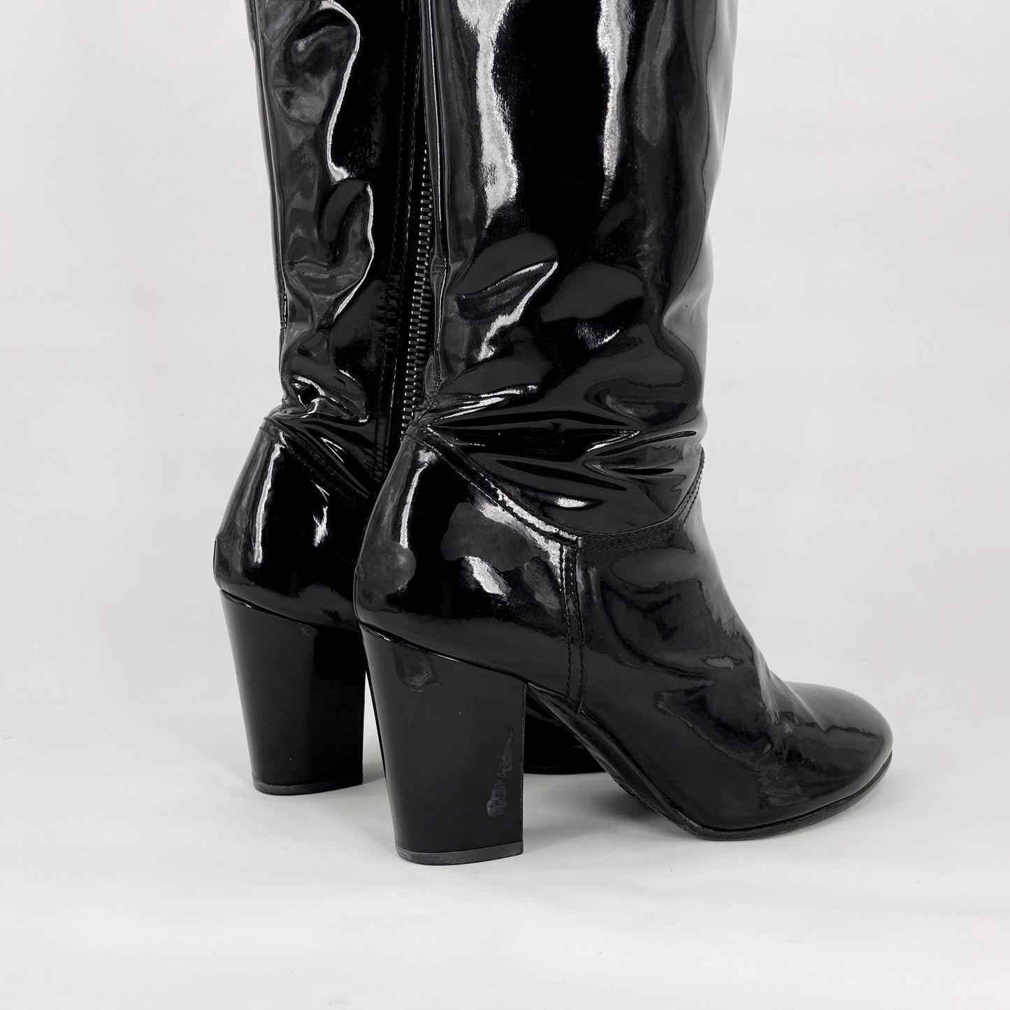 Chanel 90s Karl Lagerfeld Logo Fur Lined Patent Leather Long Boot 38.5