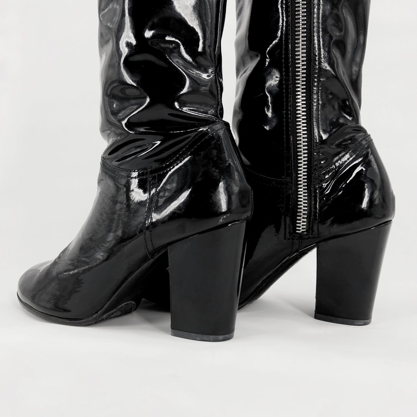 Chanel 90s Karl Lagerfeld Logo Fur Lined Patent Leather Long Boot 38.5