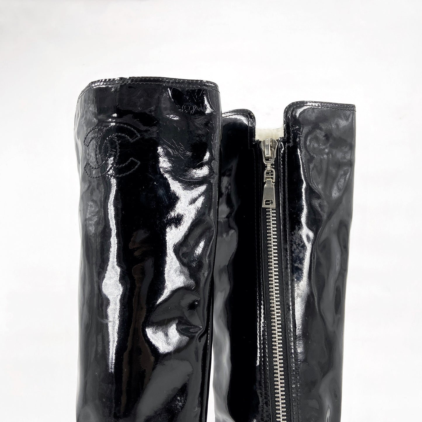 Chanel 90s Karl Lagerfeld Logo Fur Lined Patent Leather Long Boot 38.5