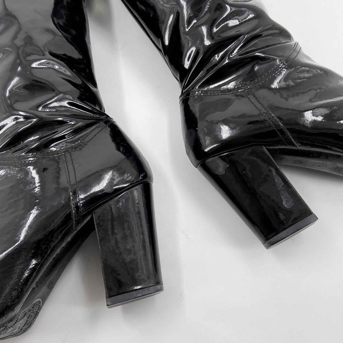 Chanel 90s Karl Lagerfeld Logo Fur Lined Patent Leather Long Boot 38.5