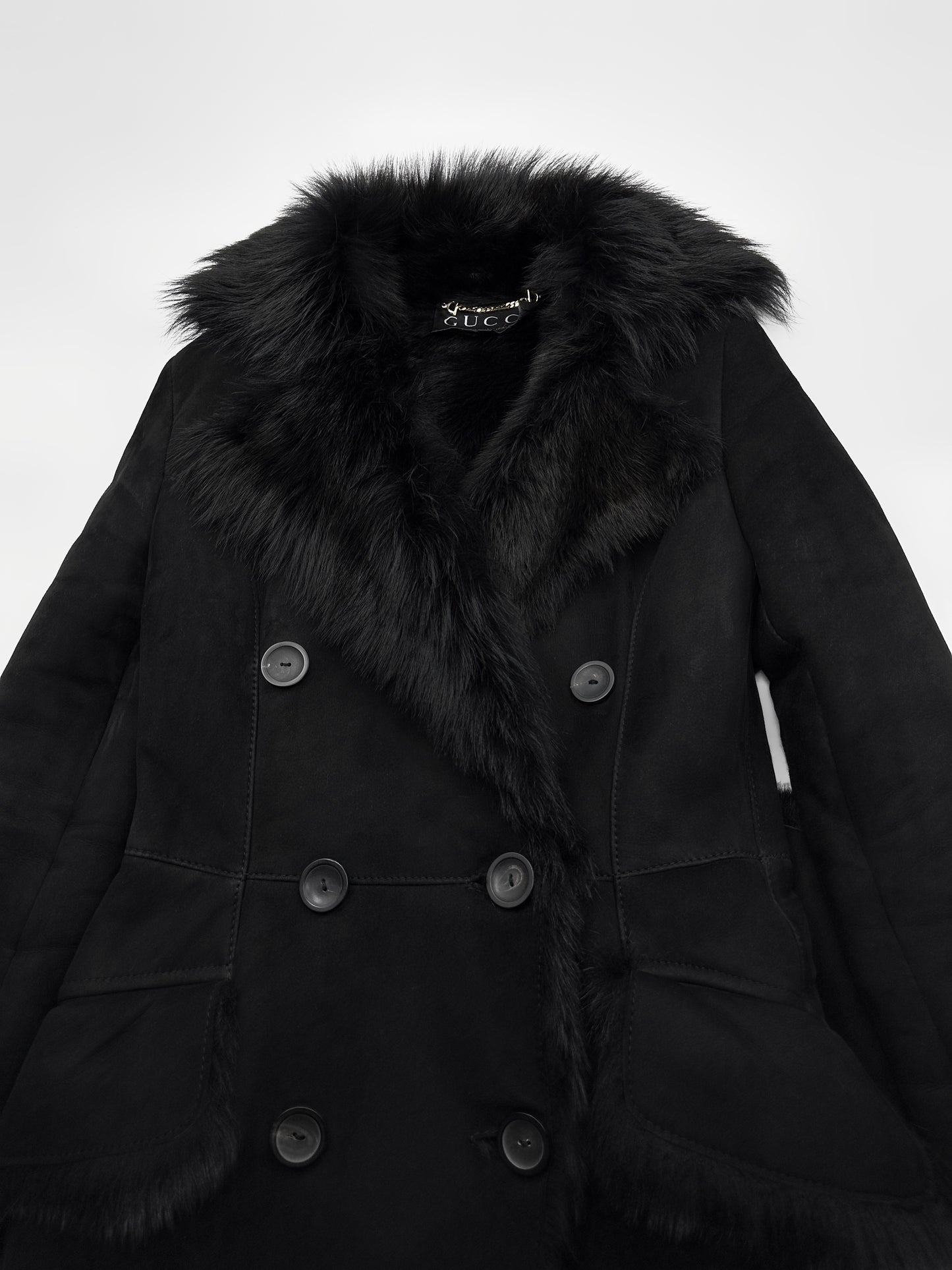 Gucci Fall 1996 Tom Ford Kate Moss Double-Breasted Long Shearling Coat 40