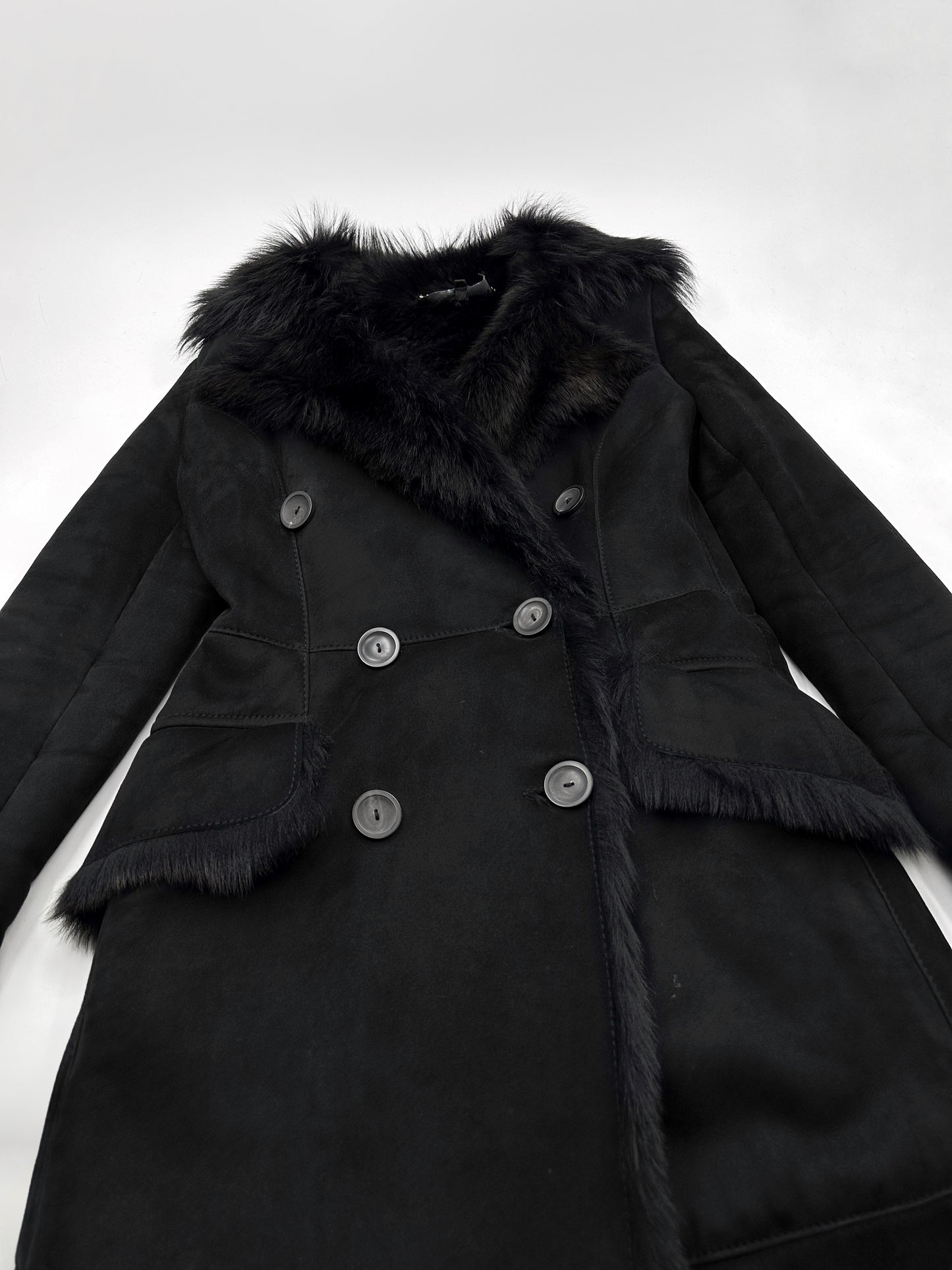 Gucci Fall 1996 Tom Ford Kate Moss Double-Breasted Long Shearling Coat 40