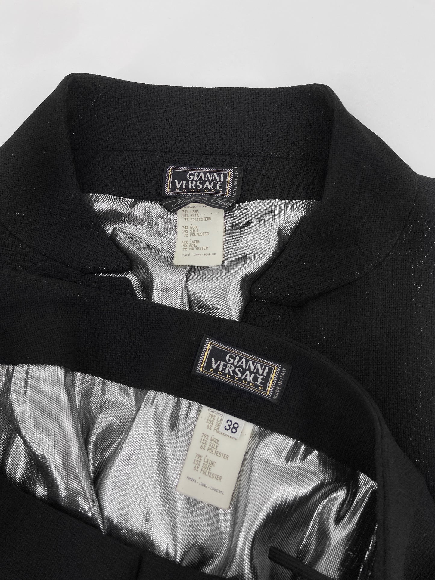 Gianni Versace 90s Glitter Silver Lining Blazer Jacket Skirt Set