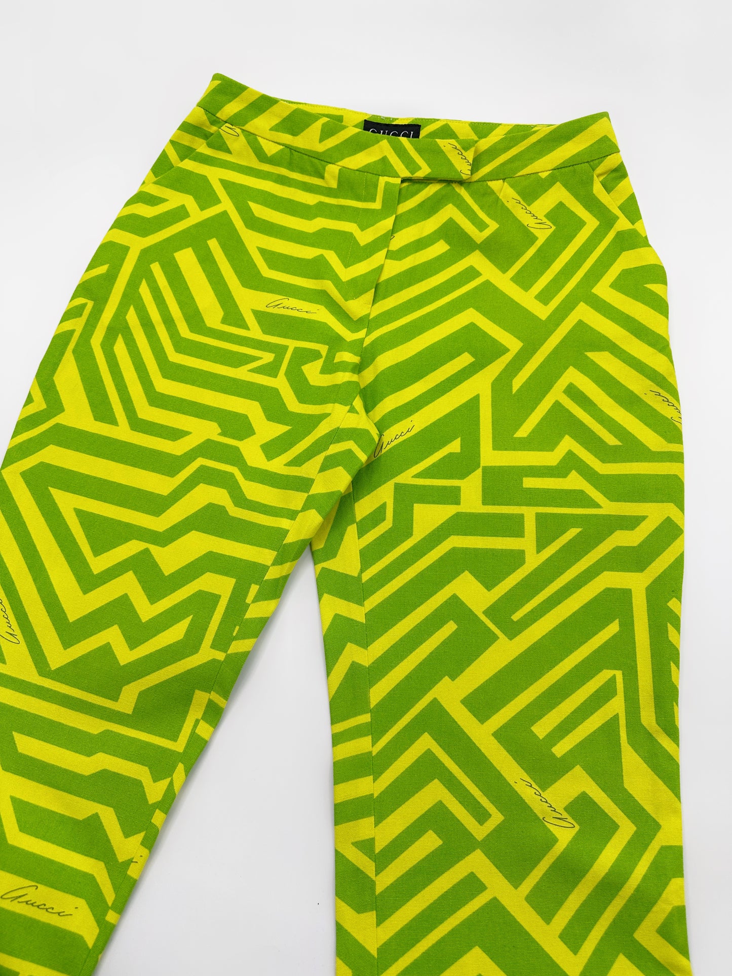 Gucci Spring 1996 Tom Ford Green Geometric Print Denim Trousers Pants 38