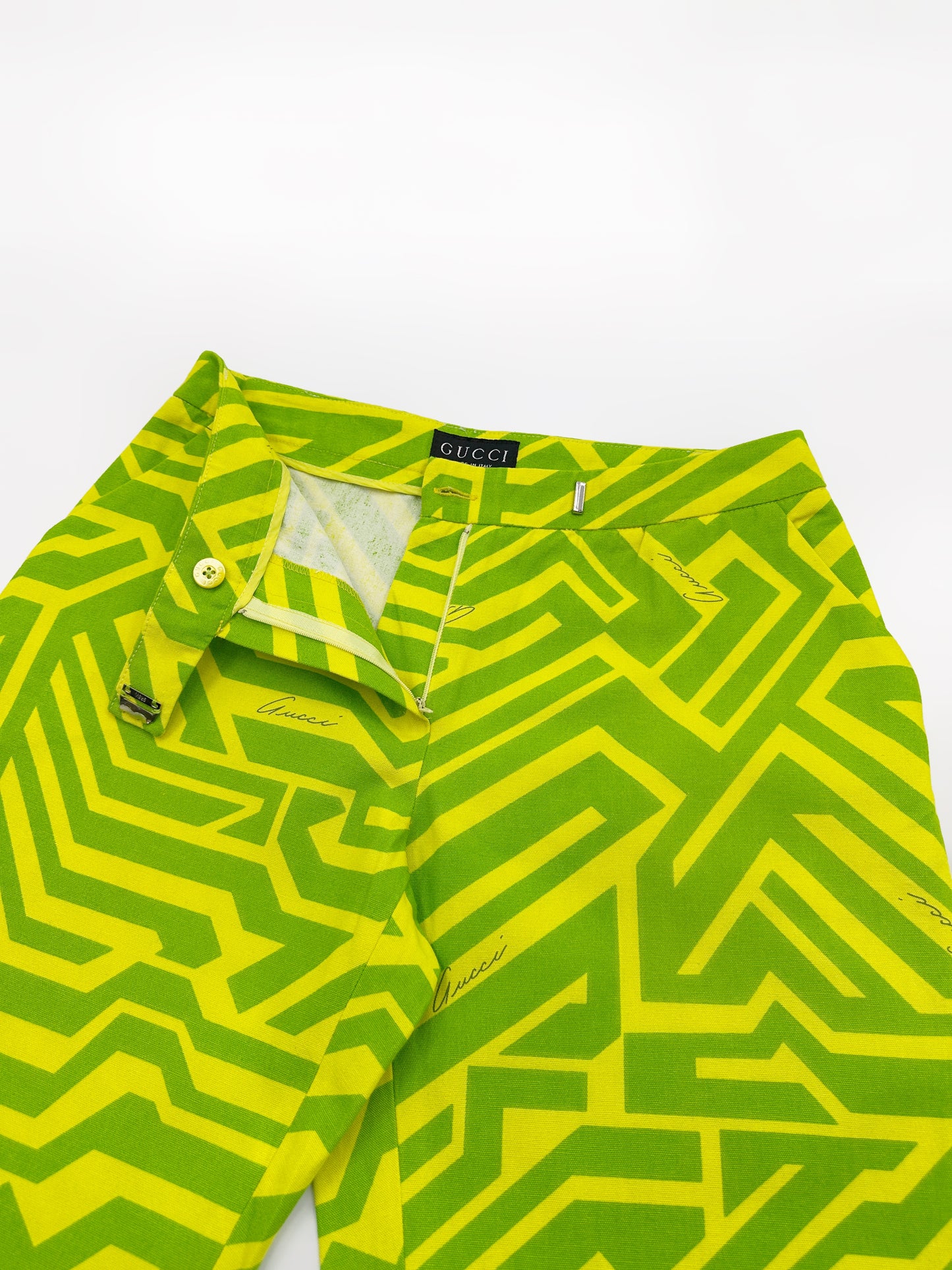 Gucci Spring 1996 Tom Ford Green Geometric Print Denim Trousers Pants 38