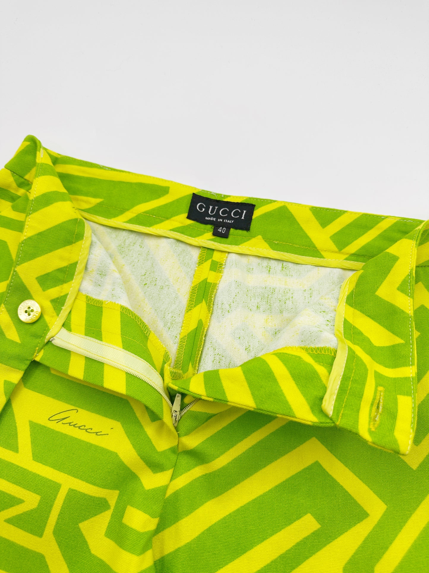 Gucci Spring 1996 Tom Ford Green Geometric Print Denim Trousers Pants 38