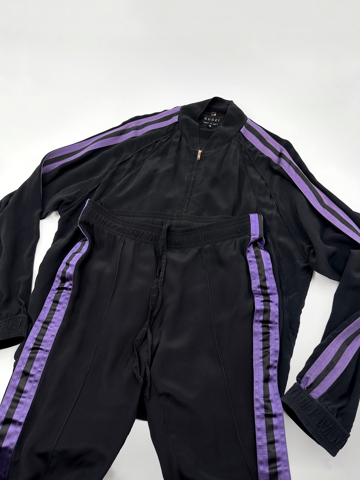 Gucci Spring 2004 Tom Ford Black Webbing Striped Crepe de Chine Silk Bomber Jacket pants tracksuit 38