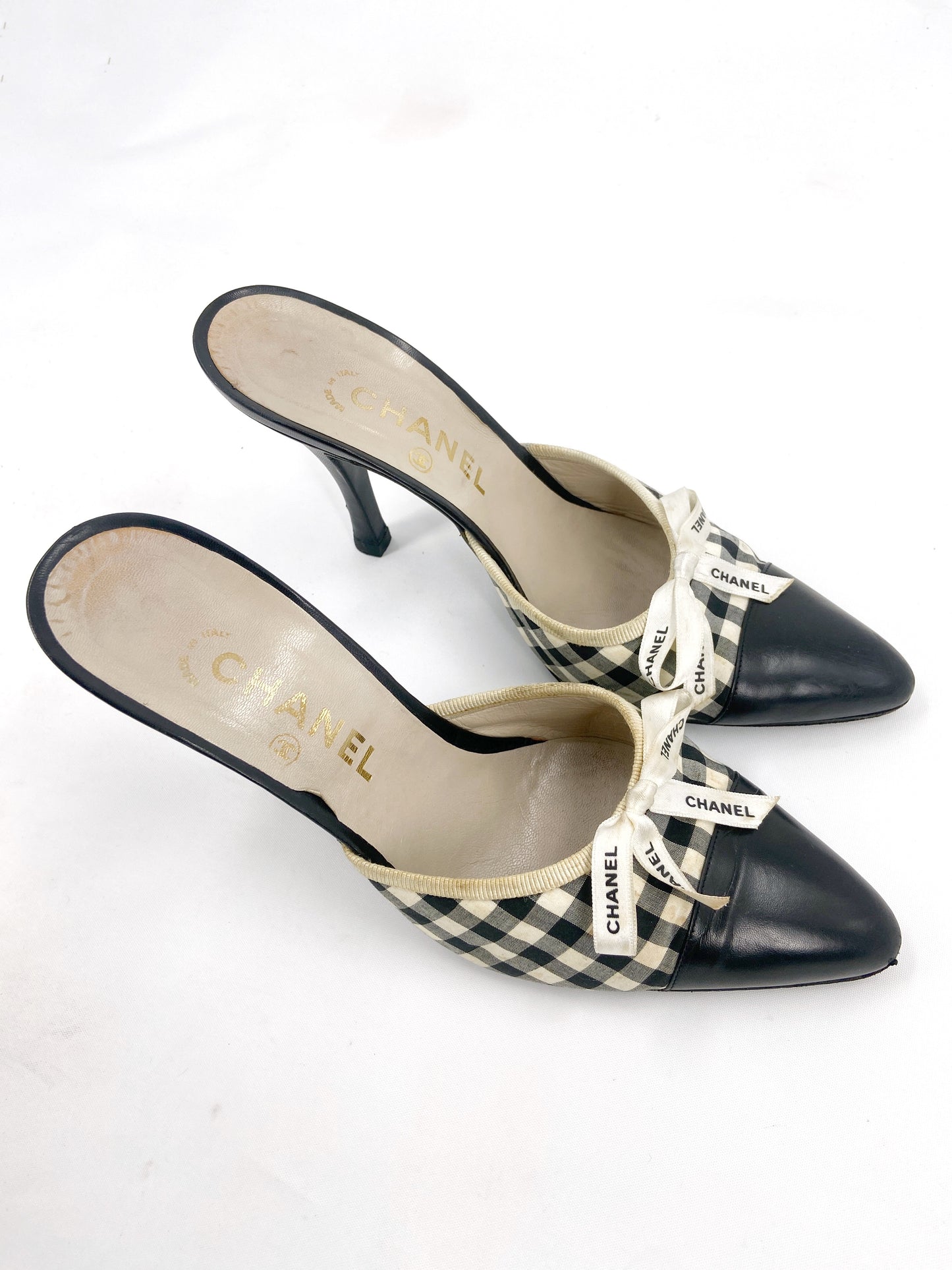 Chanel 1995 Karl Lagerfeld Checkered Ribbon Mules Heels 38.5