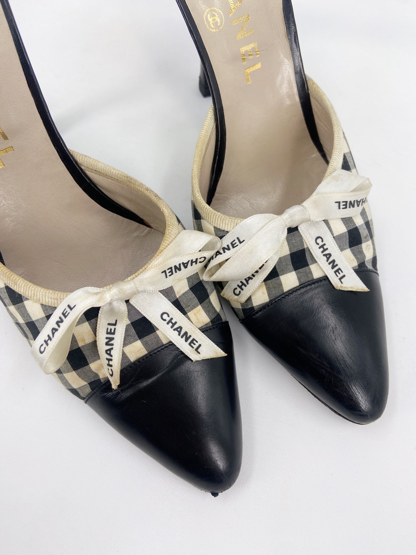 Chanel 1995 Karl Lagerfeld Checkered Ribbon Mules Heels 38.5