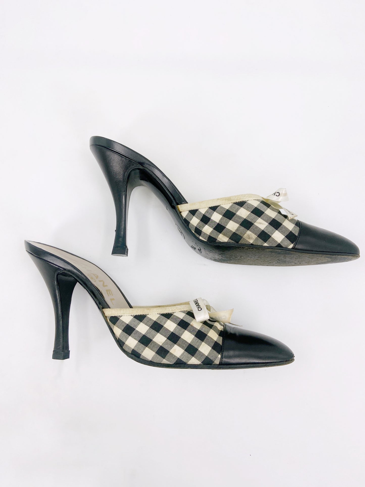 Chanel 1995 Karl Lagerfeld Checkered Ribbon Mules Heels 38.5