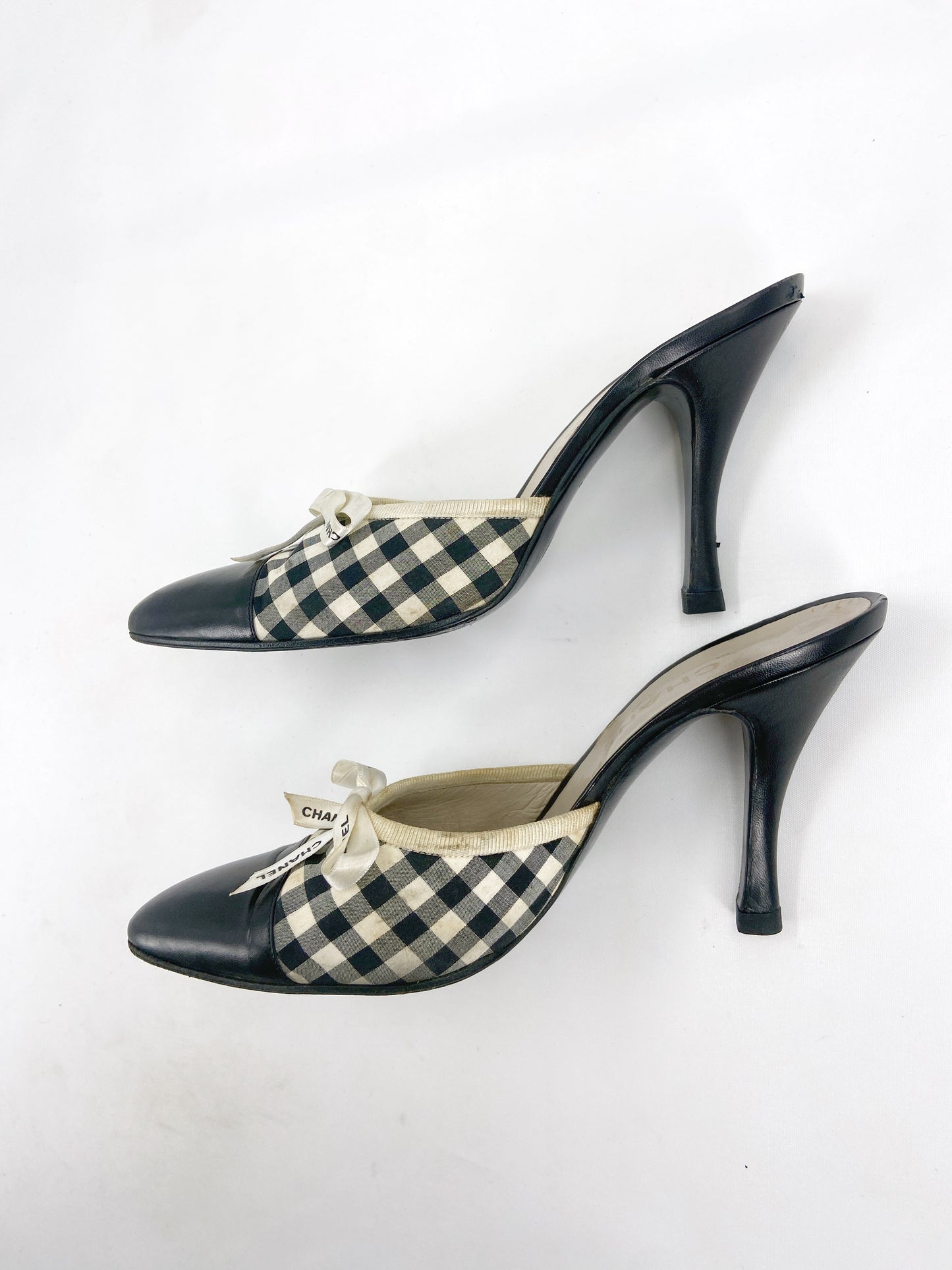 Chanel 1995 Karl Lagerfeld Checkered Ribbon Mules Heels 38.5