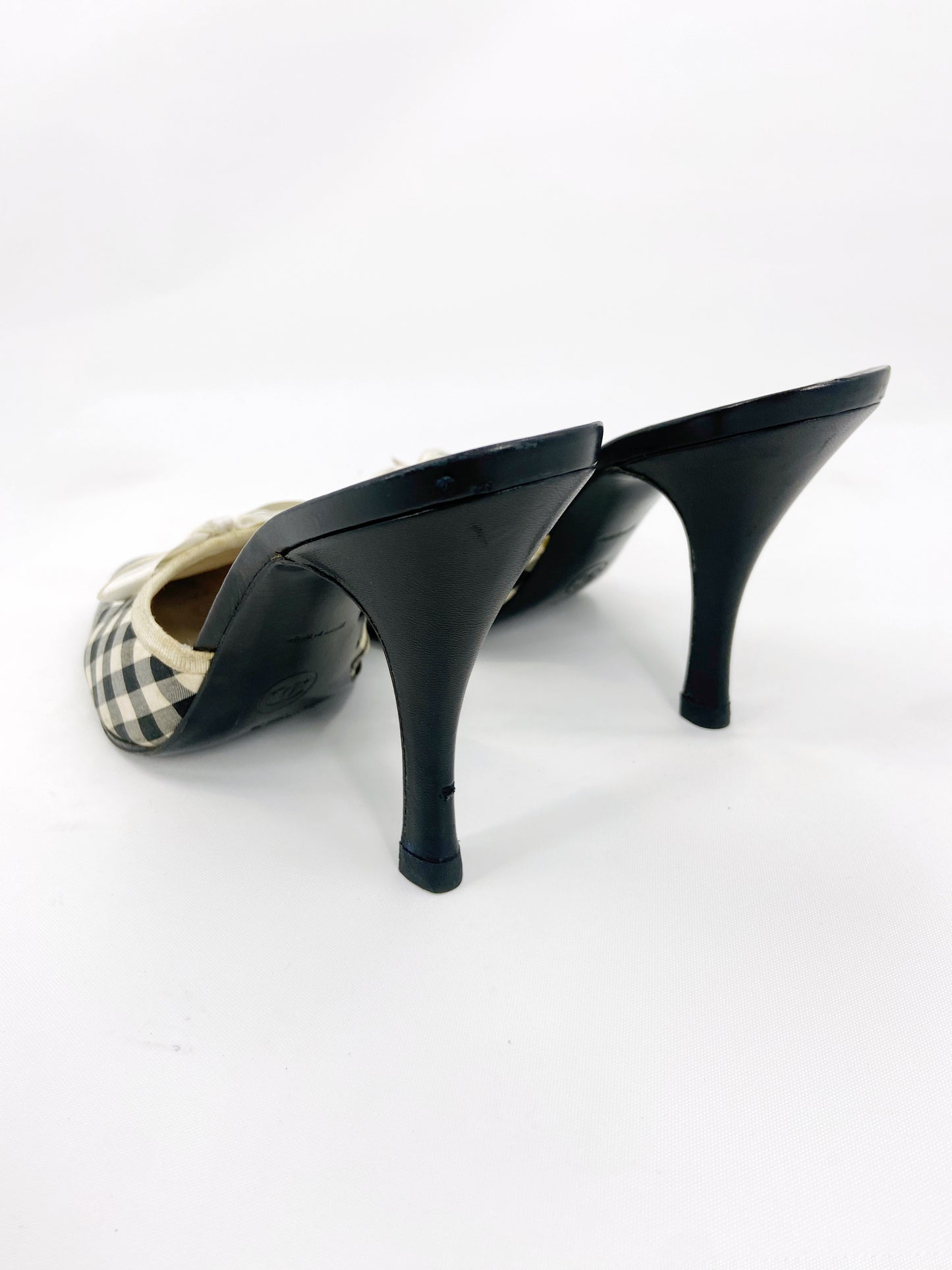 Chanel 1995 Karl Lagerfeld Checkered Ribbon Mules Heels 38.5