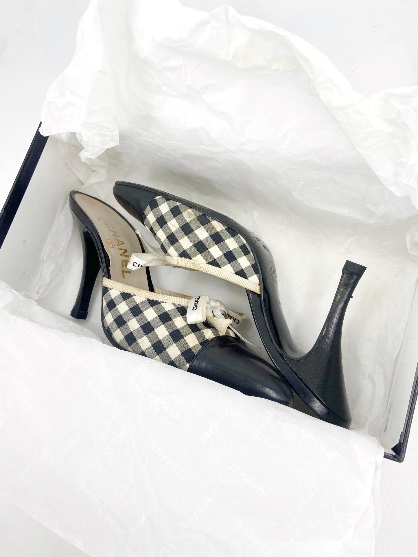 Chanel 1995 Karl Lagerfeld Checkered Ribbon Mules Heels 38.5
