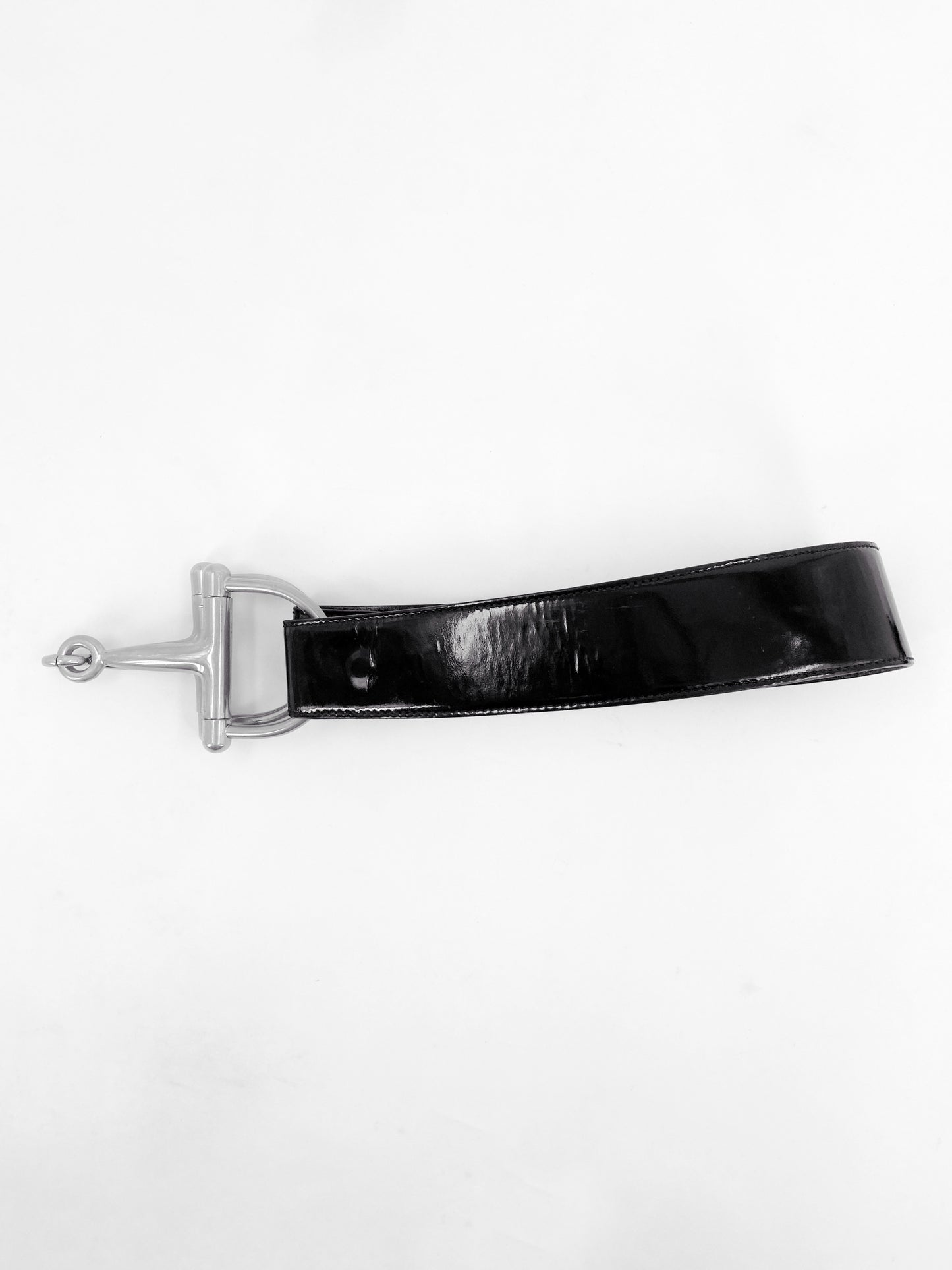 Gucci Fall 1995 Tom Ford Iconic Black Oversized Horsebit Patent Leather Belt 28