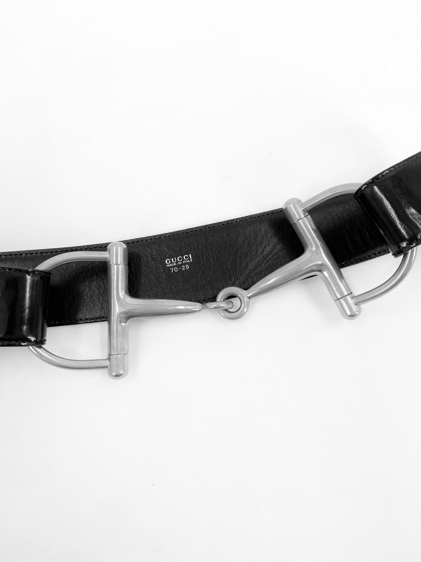 Gucci Fall 1995 Tom Ford Iconic Black Oversized Horsebit Patent Leather Belt 28