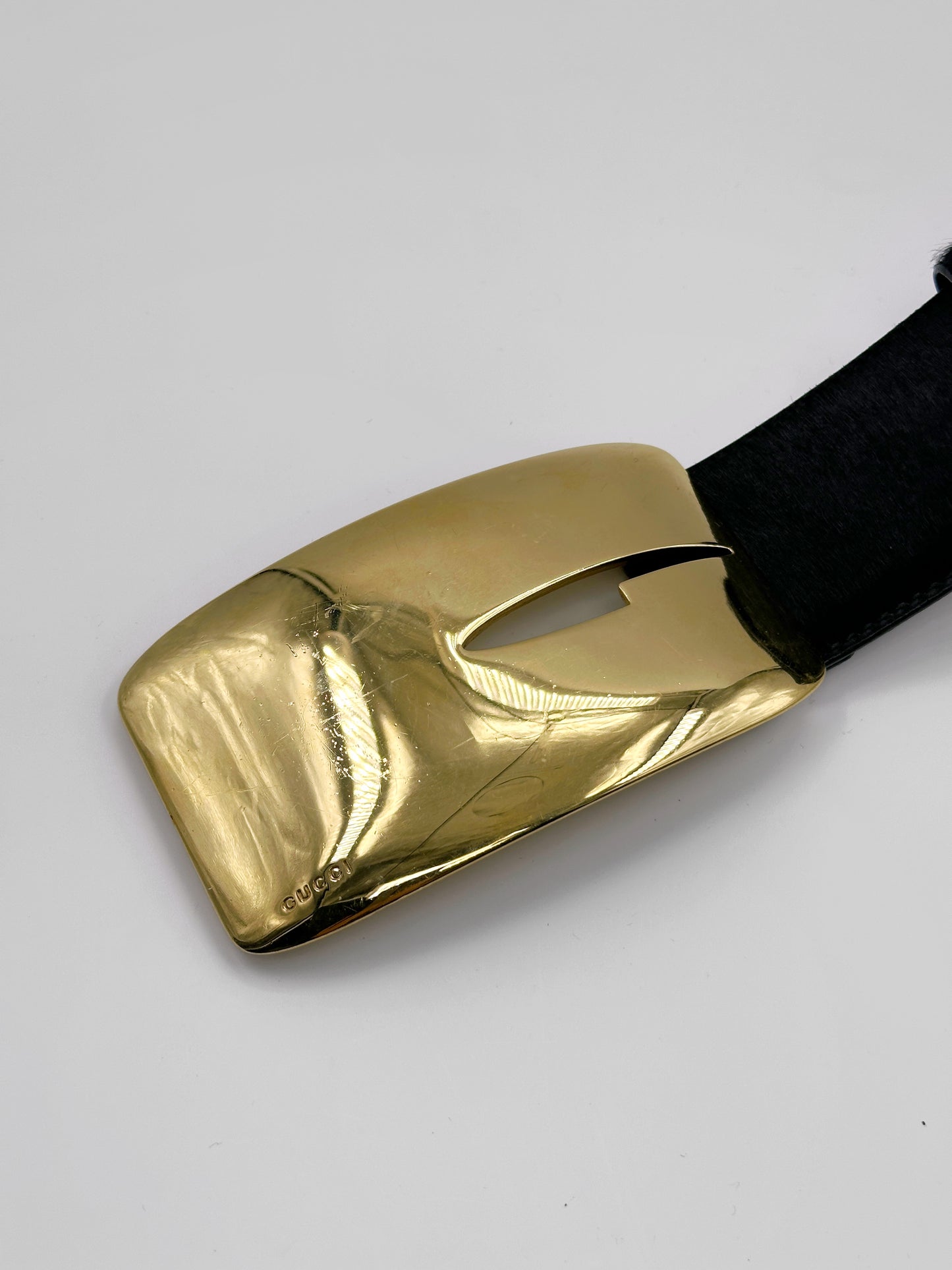 Gucci Fall 1996 Tom Ford Iconic Gold Logo Brown Pony Hair Belt 28