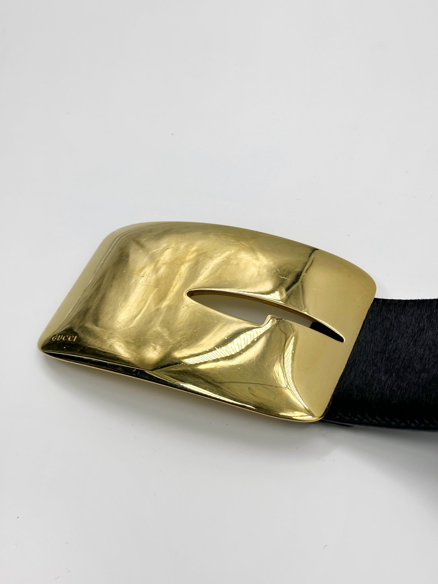 Gucci Fall 1996 Tom Ford Iconic Gold Logo Brown Pony Hair Belt 28