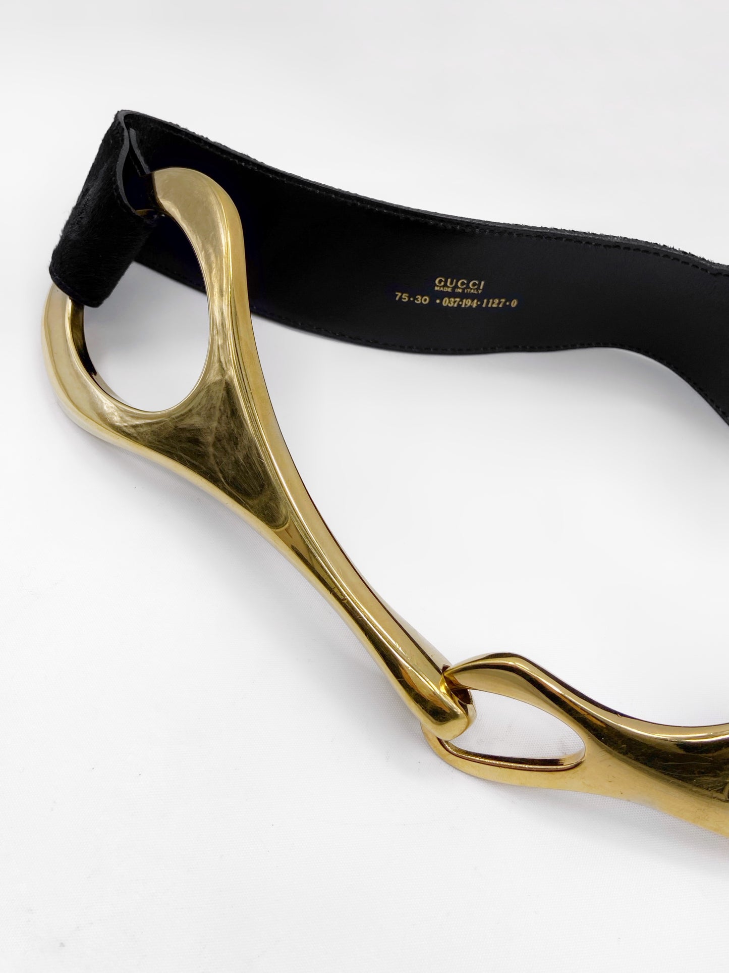 ICONIC Gucci Fall 1996 Oversized Gold Horsebit Black Pony-Styled Calfskin Belt 30