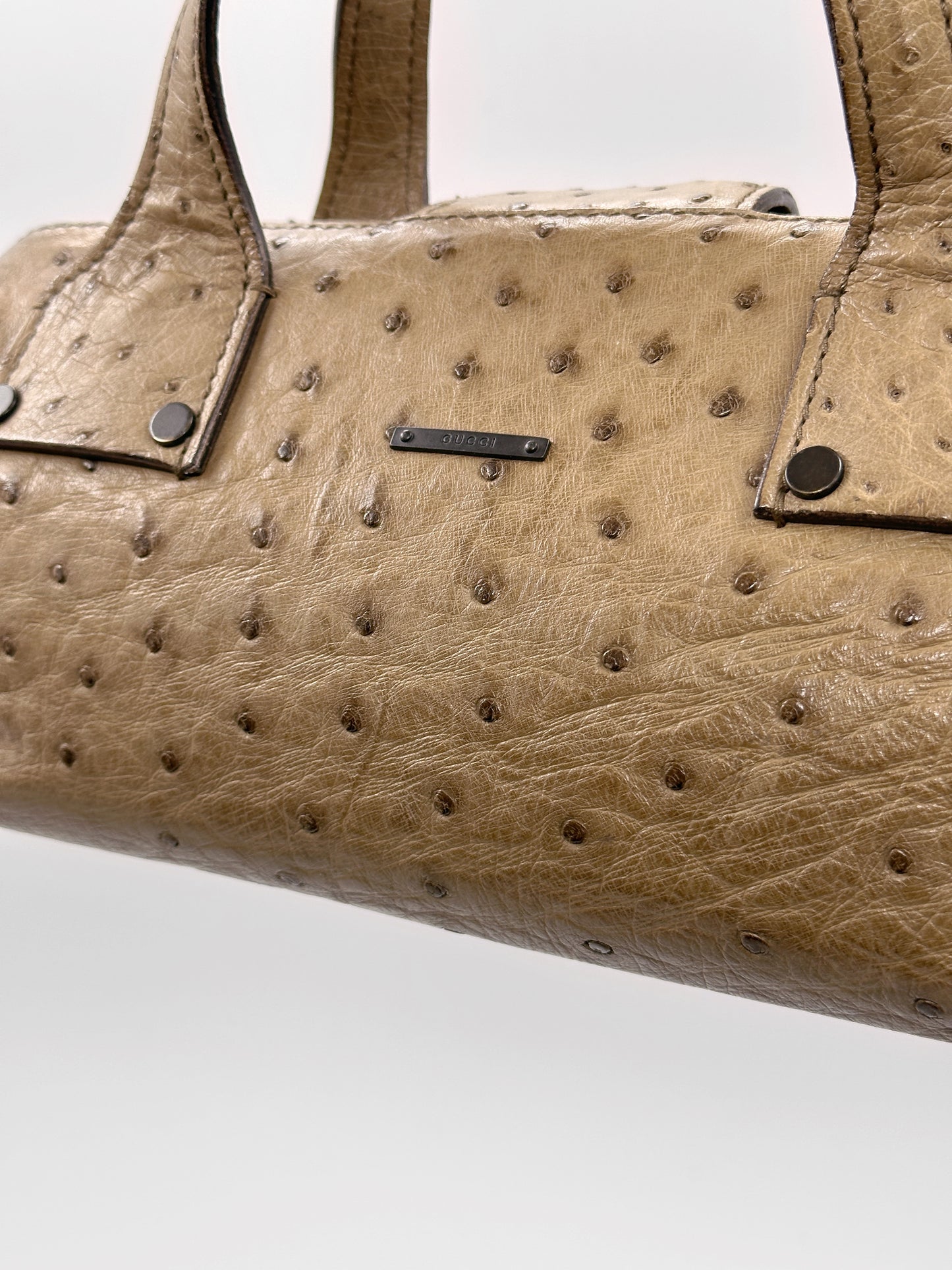 Gucci Fall 2002 Tom Ford Light Bark Beige Ostrich Leather Wooden Hook Doctors Bag Handbag