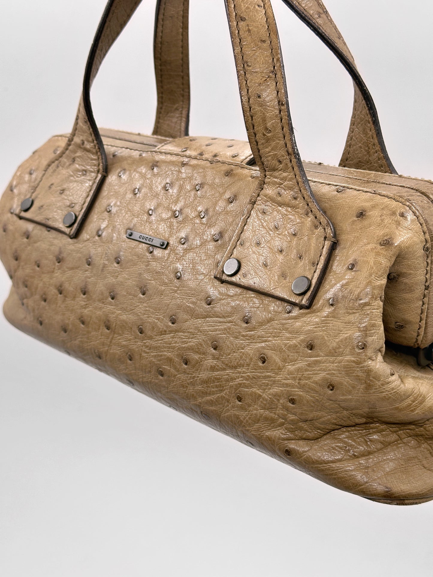 Gucci Fall 2002 Tom Ford Light Bark Beige Ostrich Leather Wooden Hook Doctors Bag Handbag