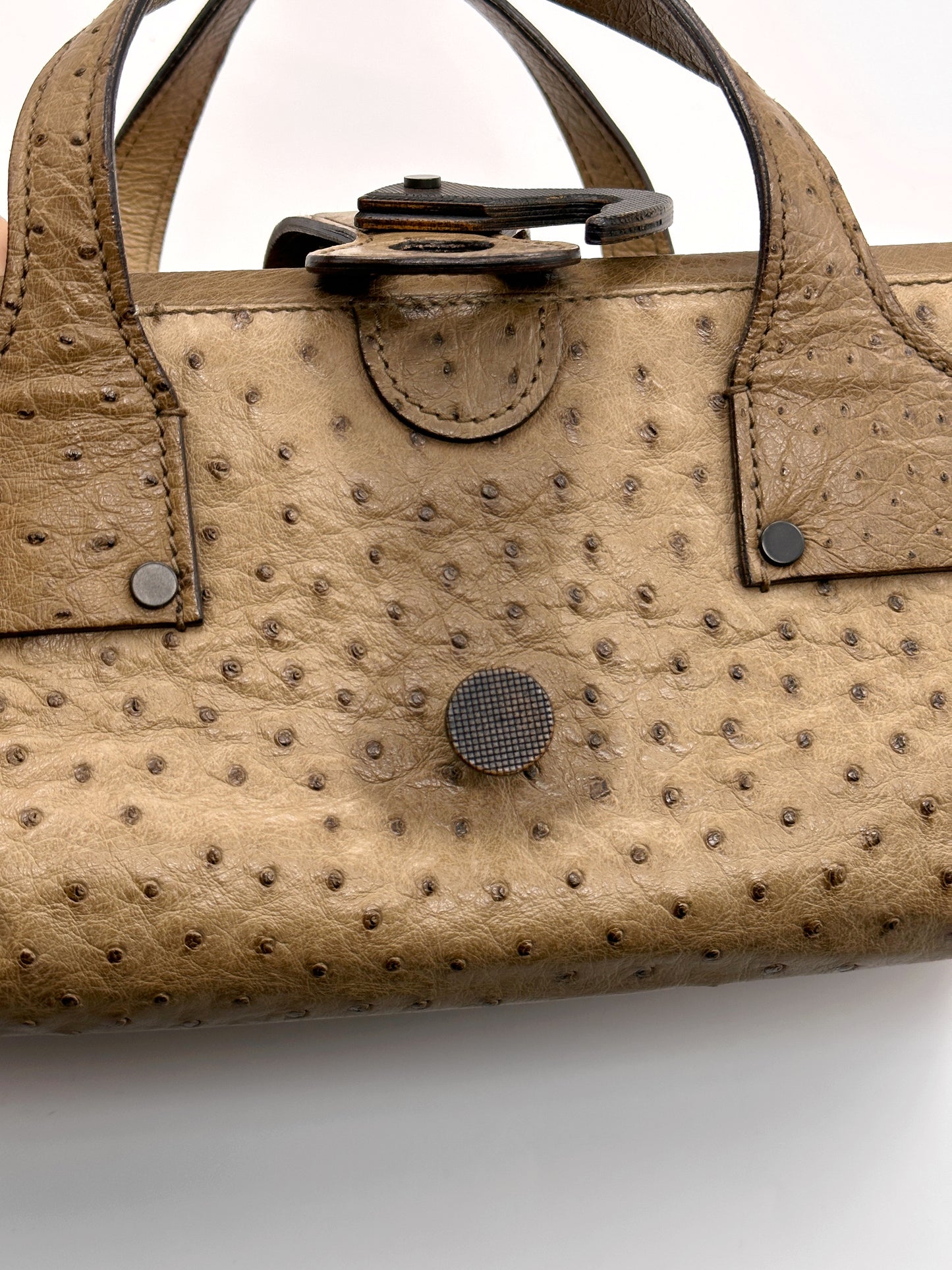 Gucci Fall 2002 Tom Ford Light Bark Beige Ostrich Leather Wooden Hook Doctors Bag Handbag